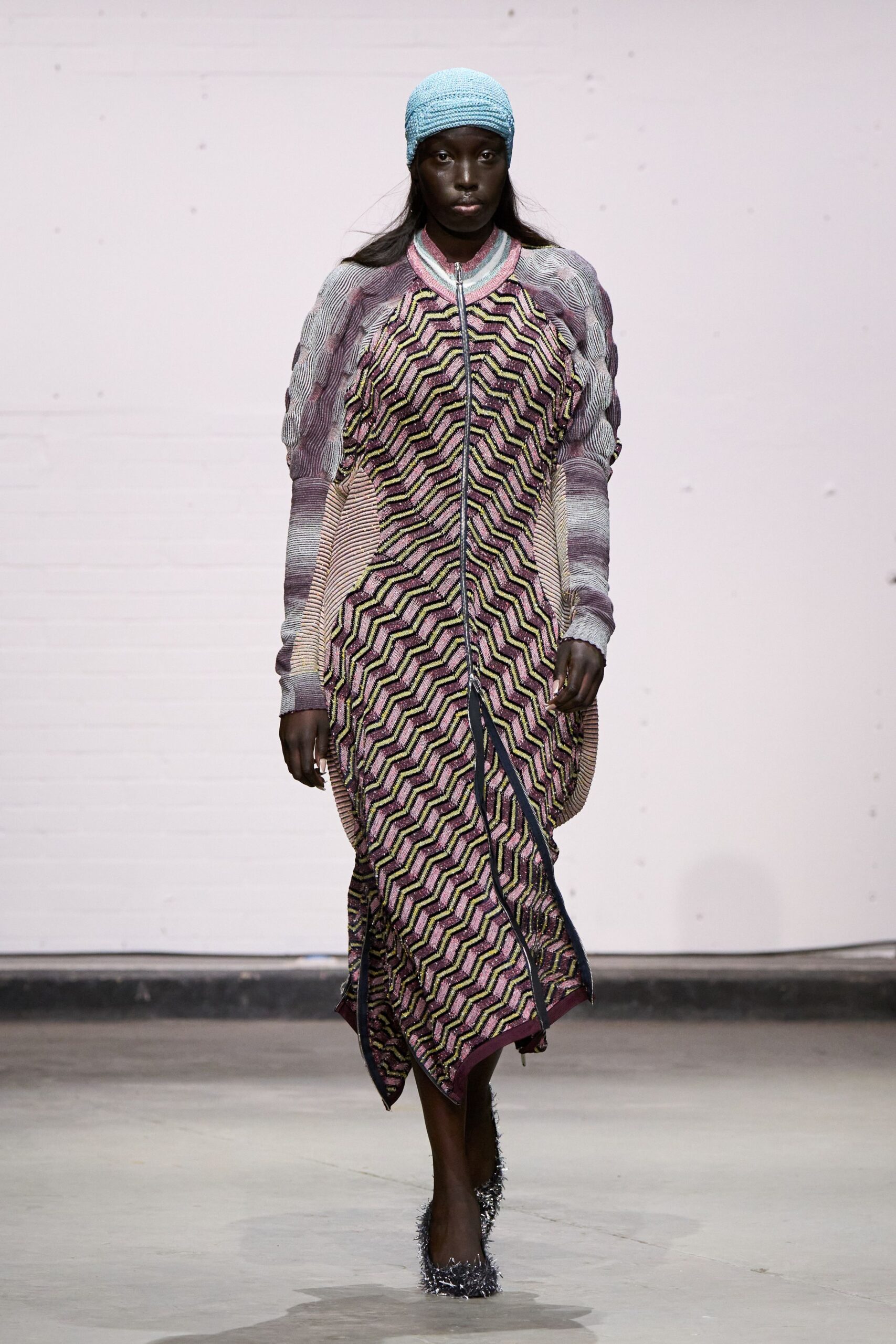 multi cotton long-sleeve fitted zippered printed midi dress