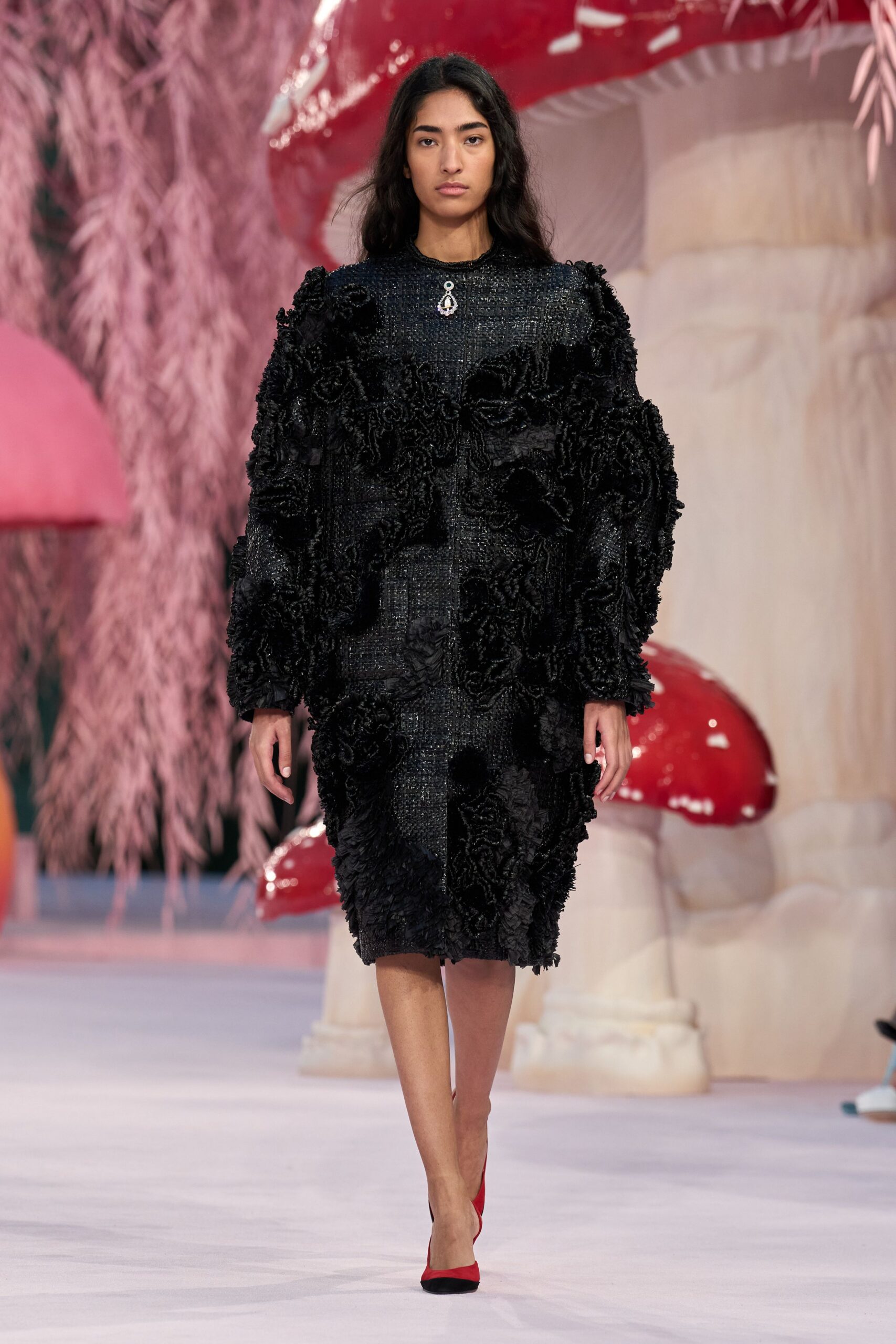 black velvet long-sleeve high-neck fitted ruffled textured dress