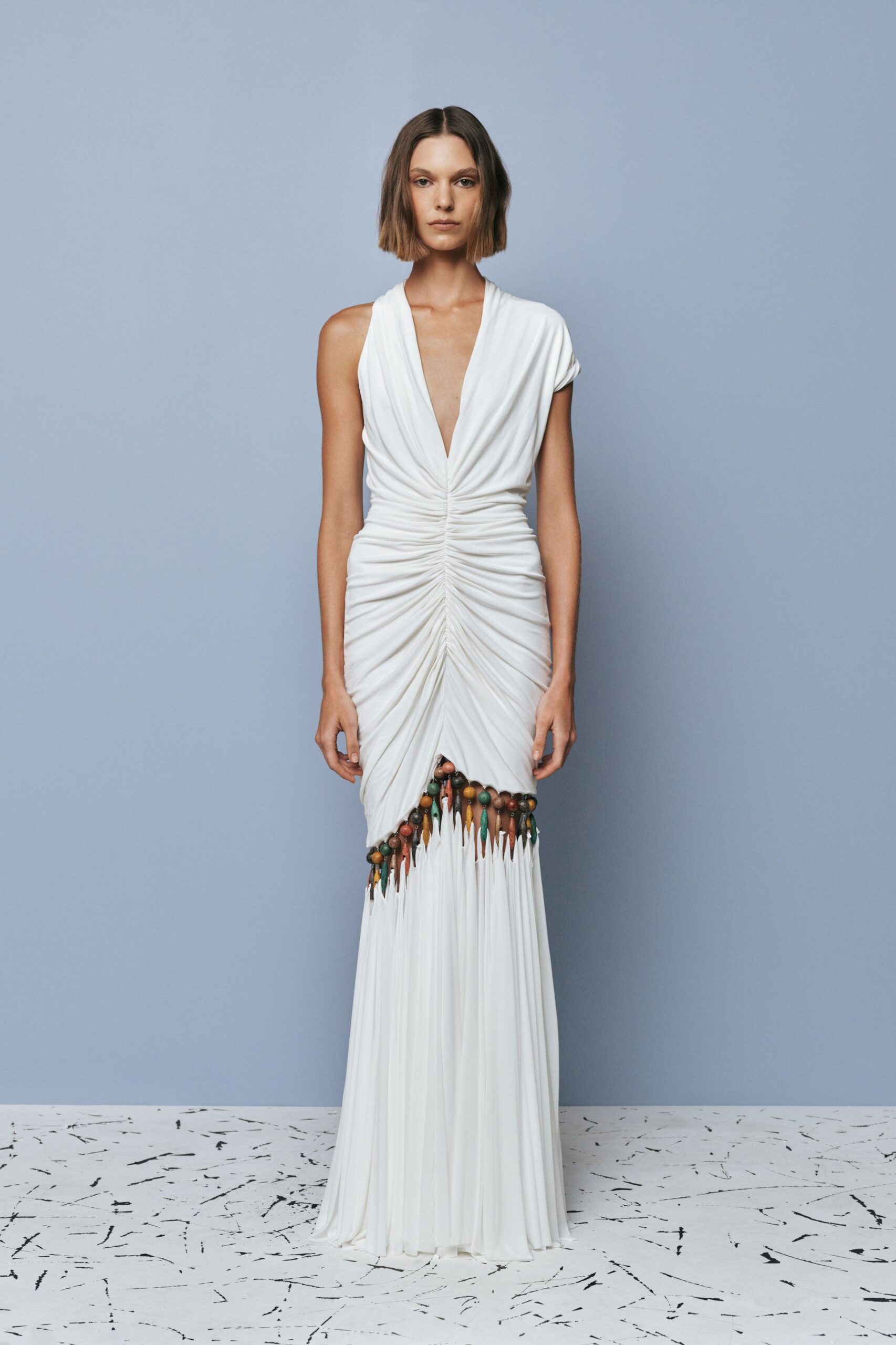 white fitted sleeveless gown
