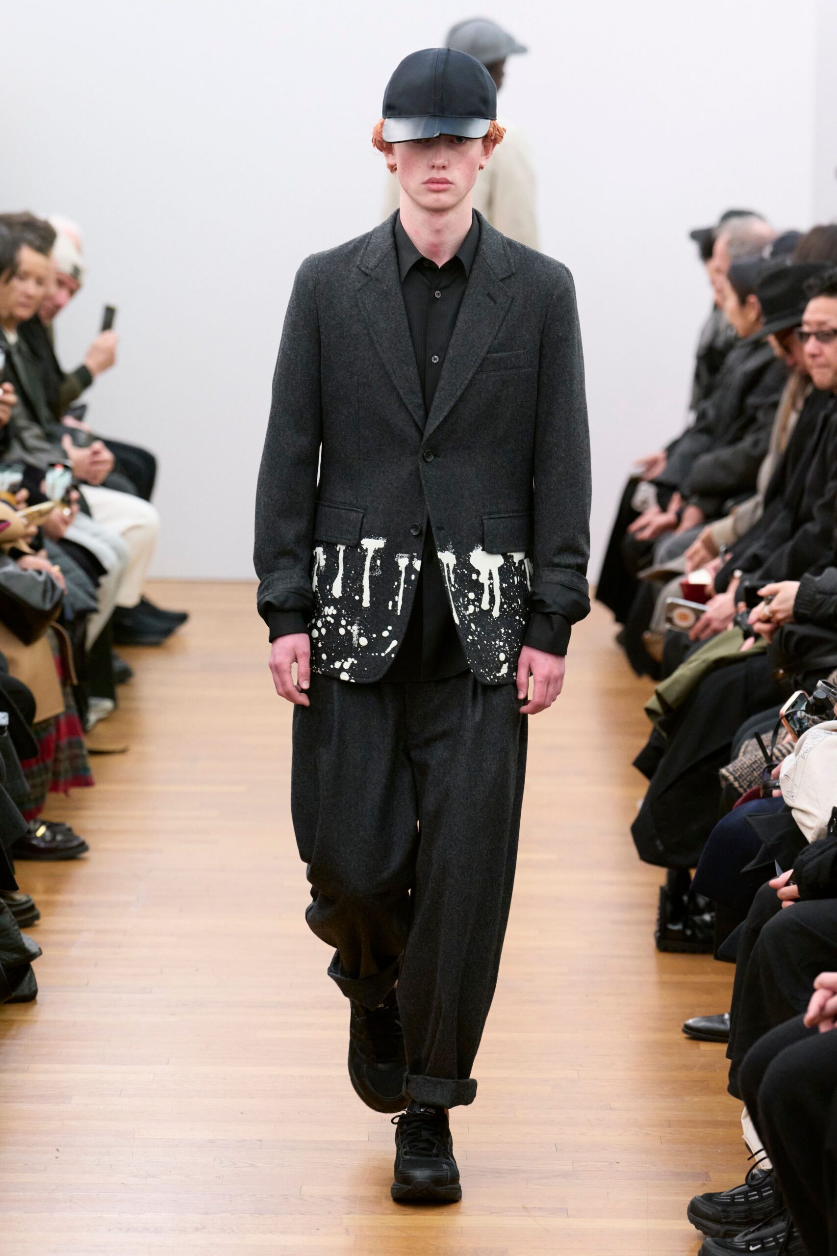 black wool long-sleeve collared relaxed buttoned printed suit