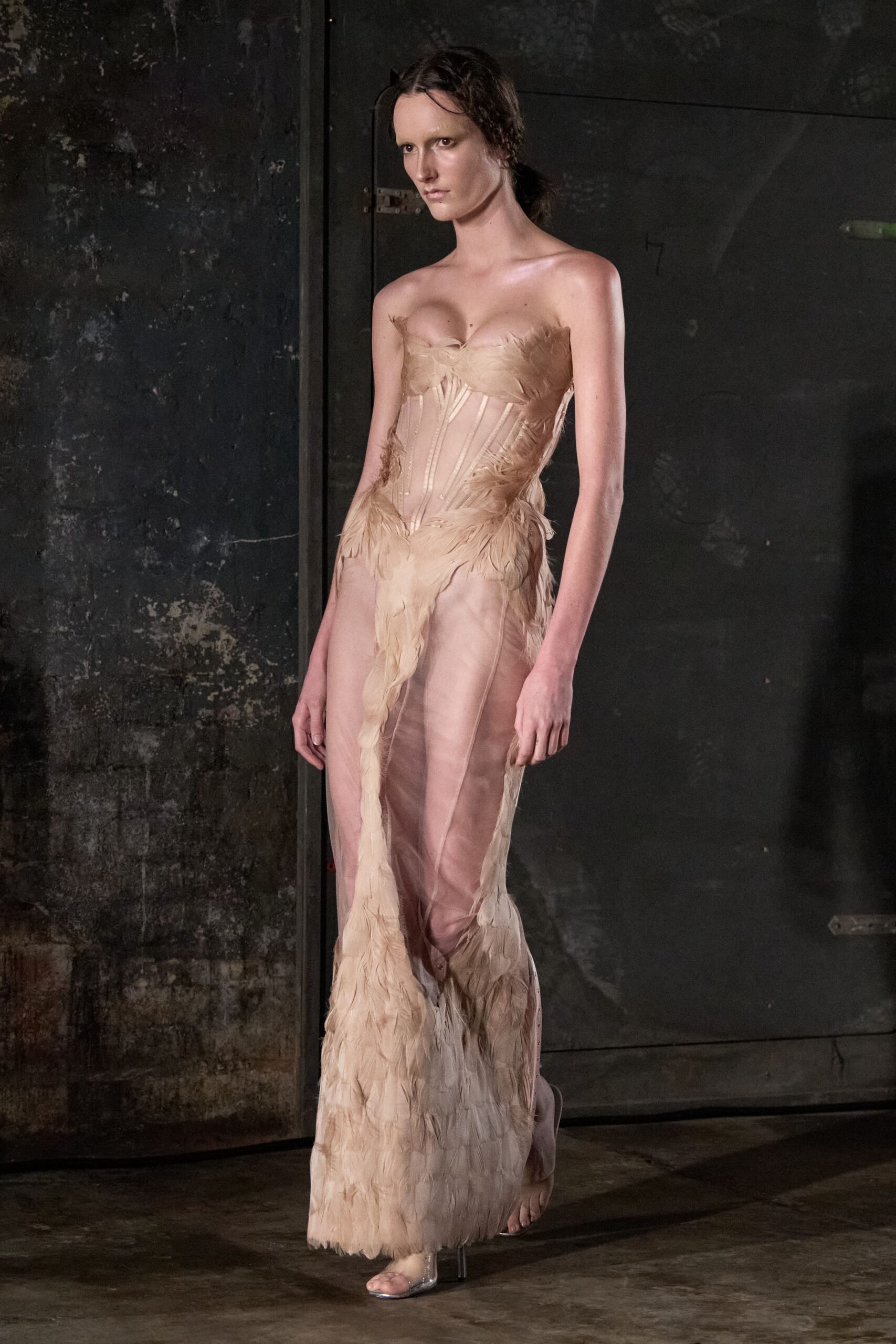 beige silk strapless fitted pleated embellished sheer gown
