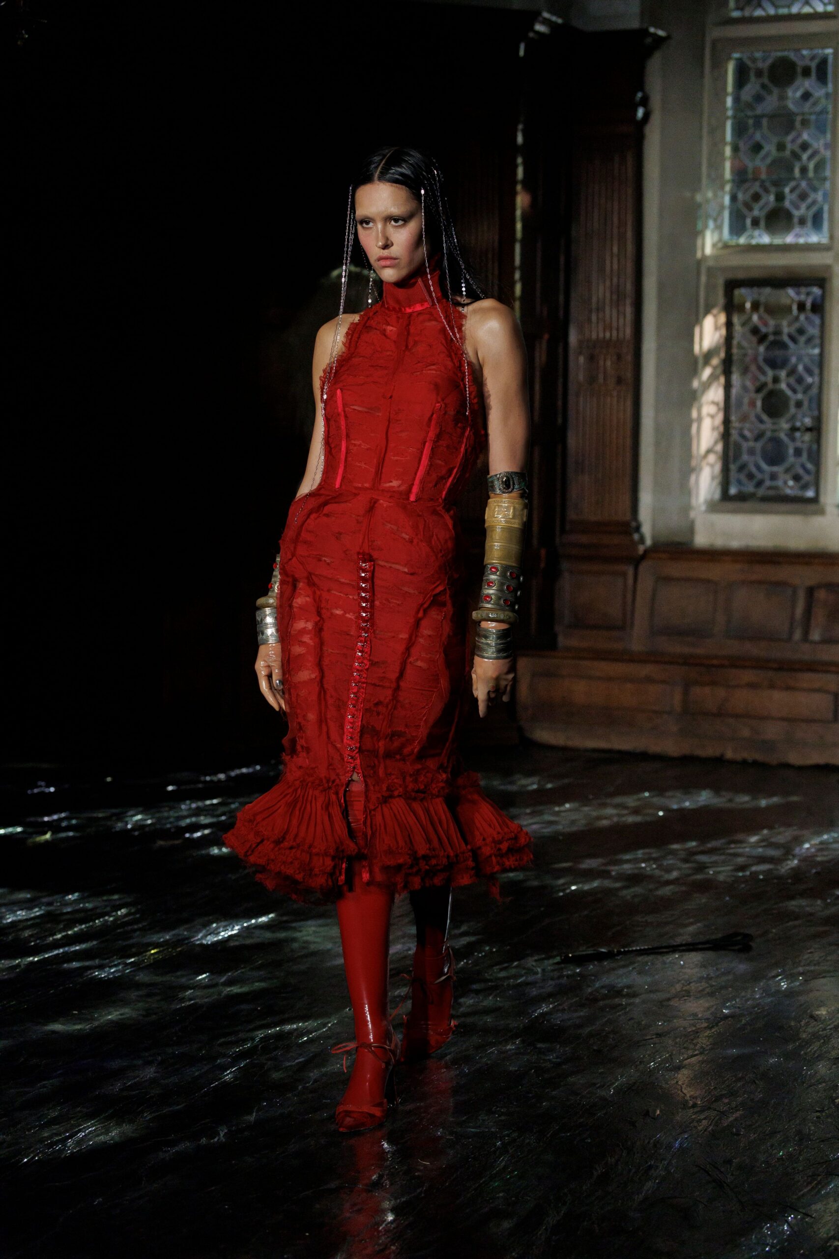 red silk sleeveless high-neck fitted ruffled zippered dress