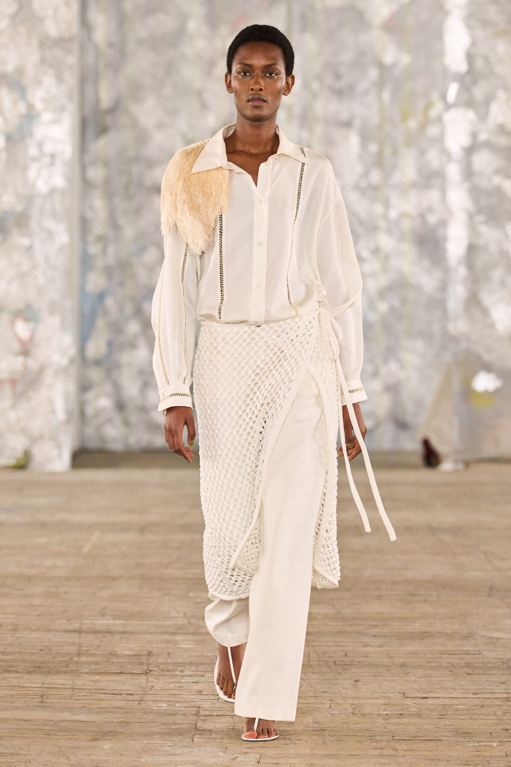 white silk shirt with layered skirt