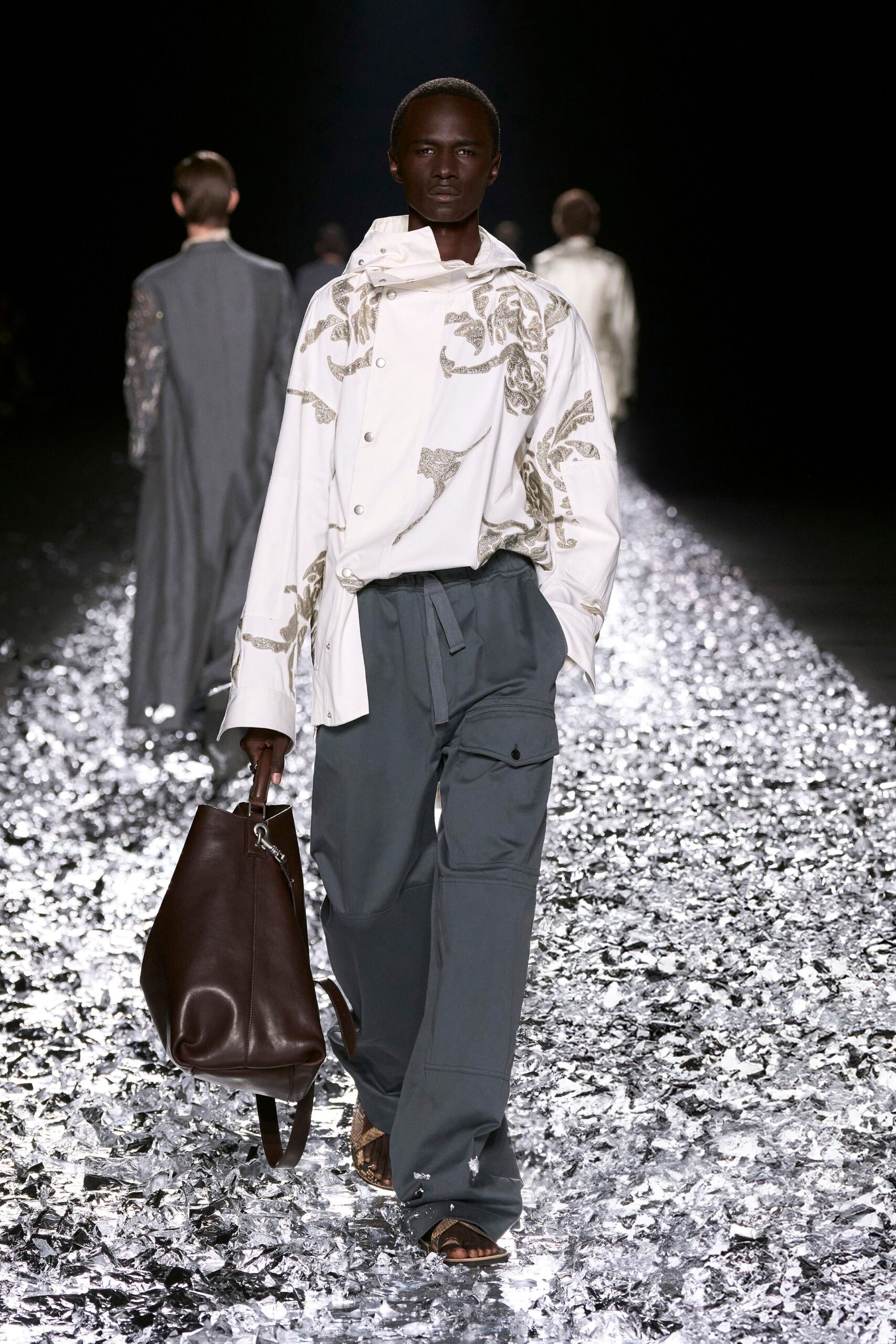 white embroidered shirt gray cargo pants