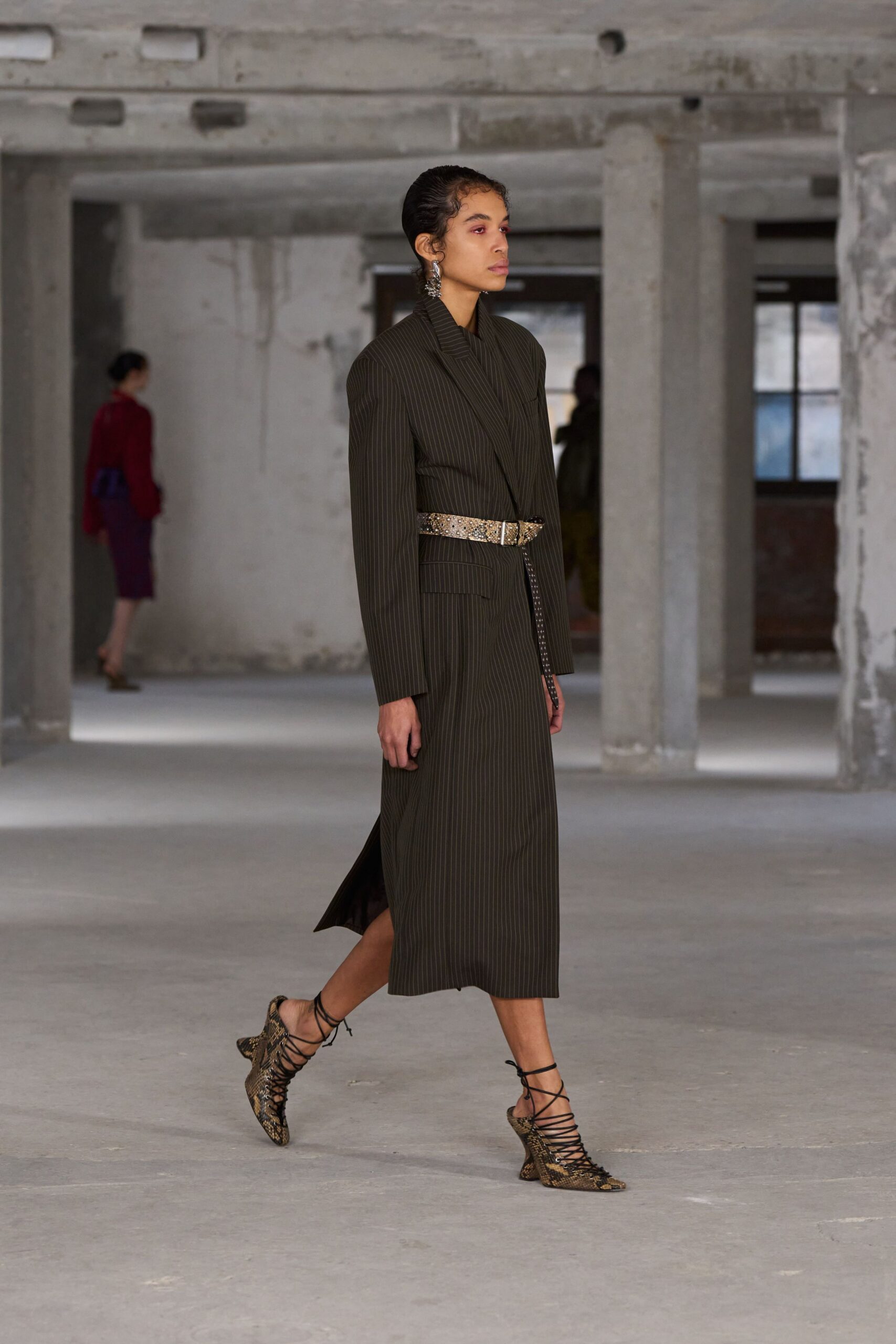 black striped midi dress with animal-print shoes