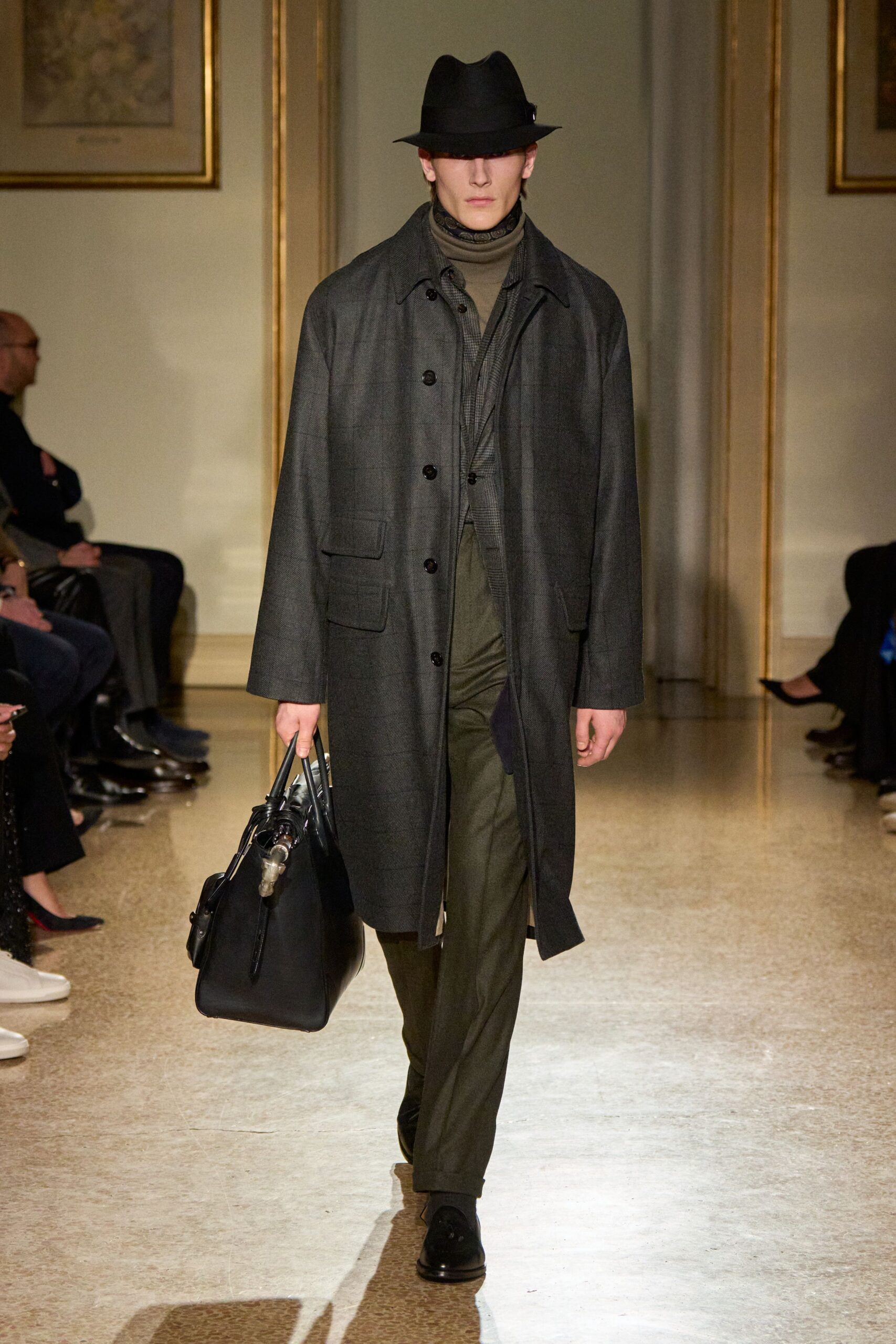 gray wool coat with green pants