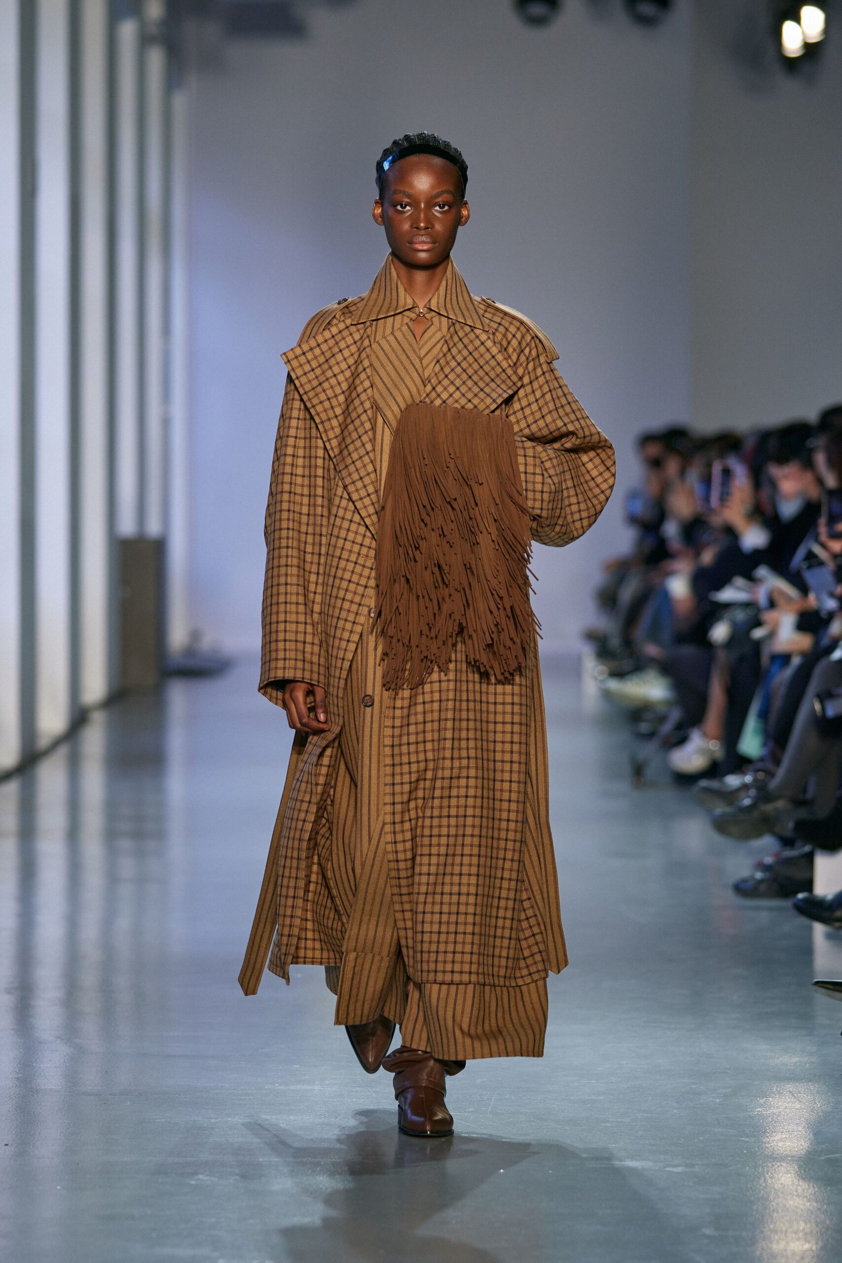 brown checked coat and dress