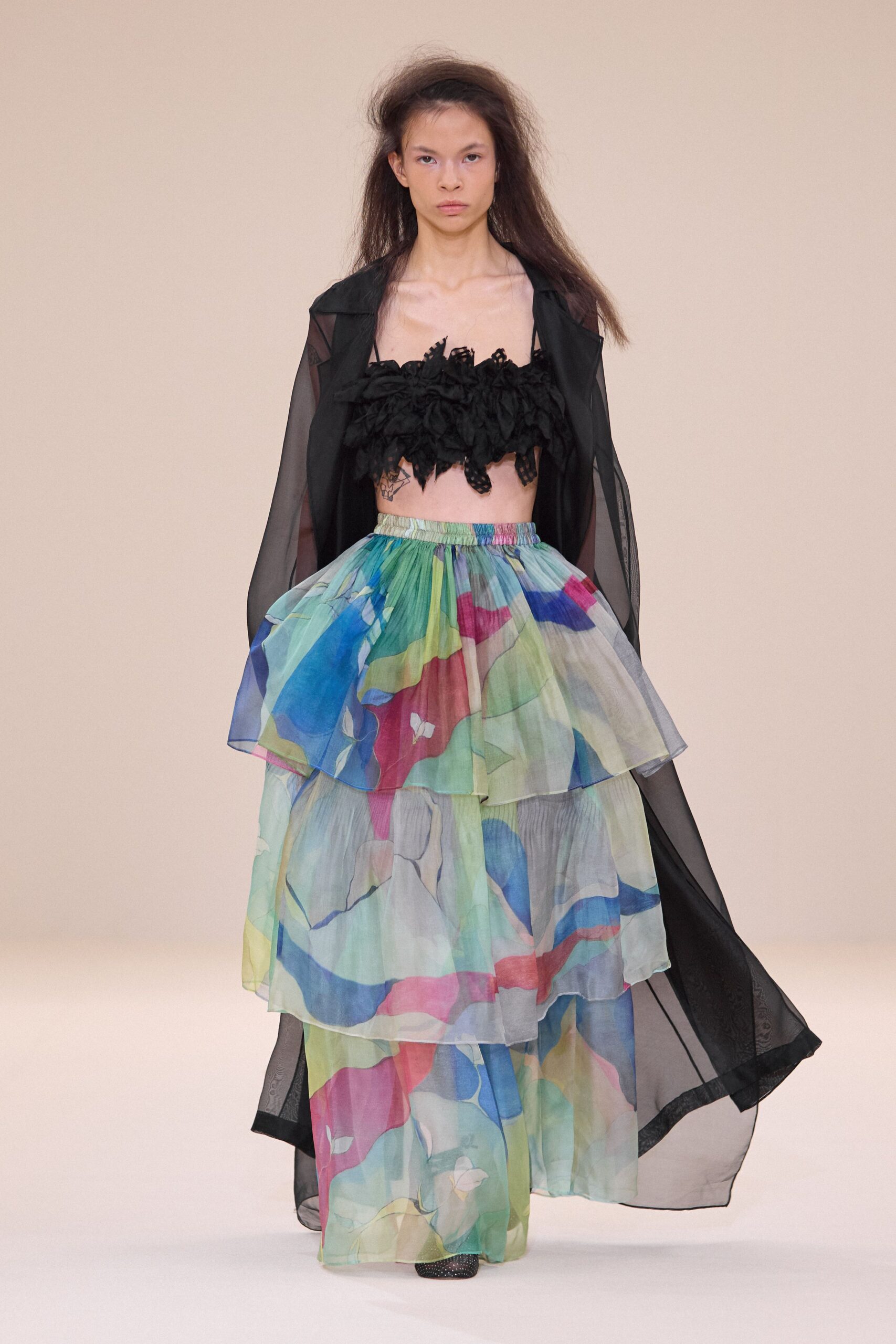 black ruffled top with multi-tiered skirt