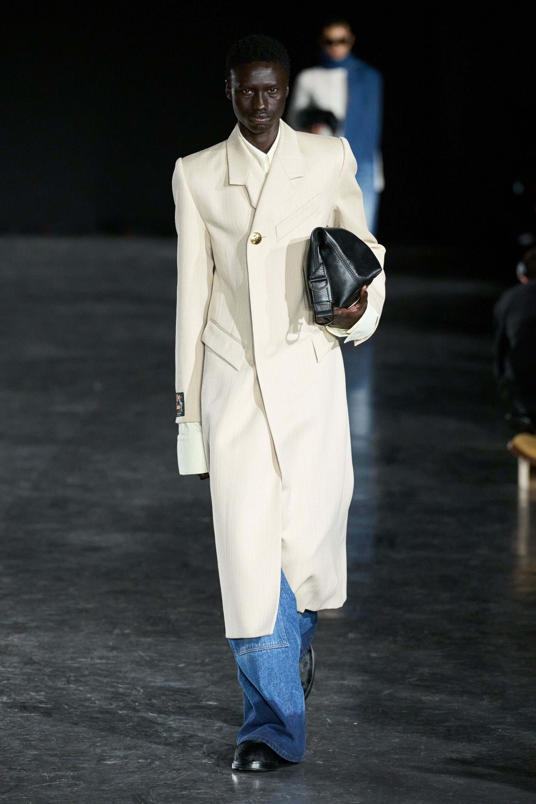 white cotton long-sleeve collared structured buttoned midi coat