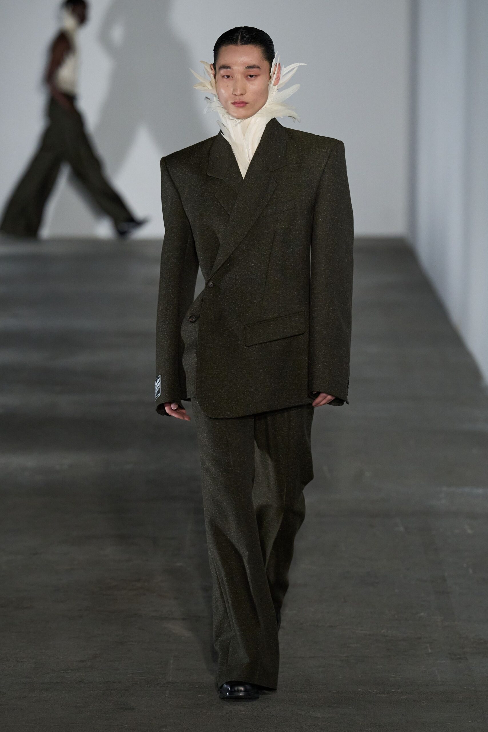 green wool tailored wide-leg pants