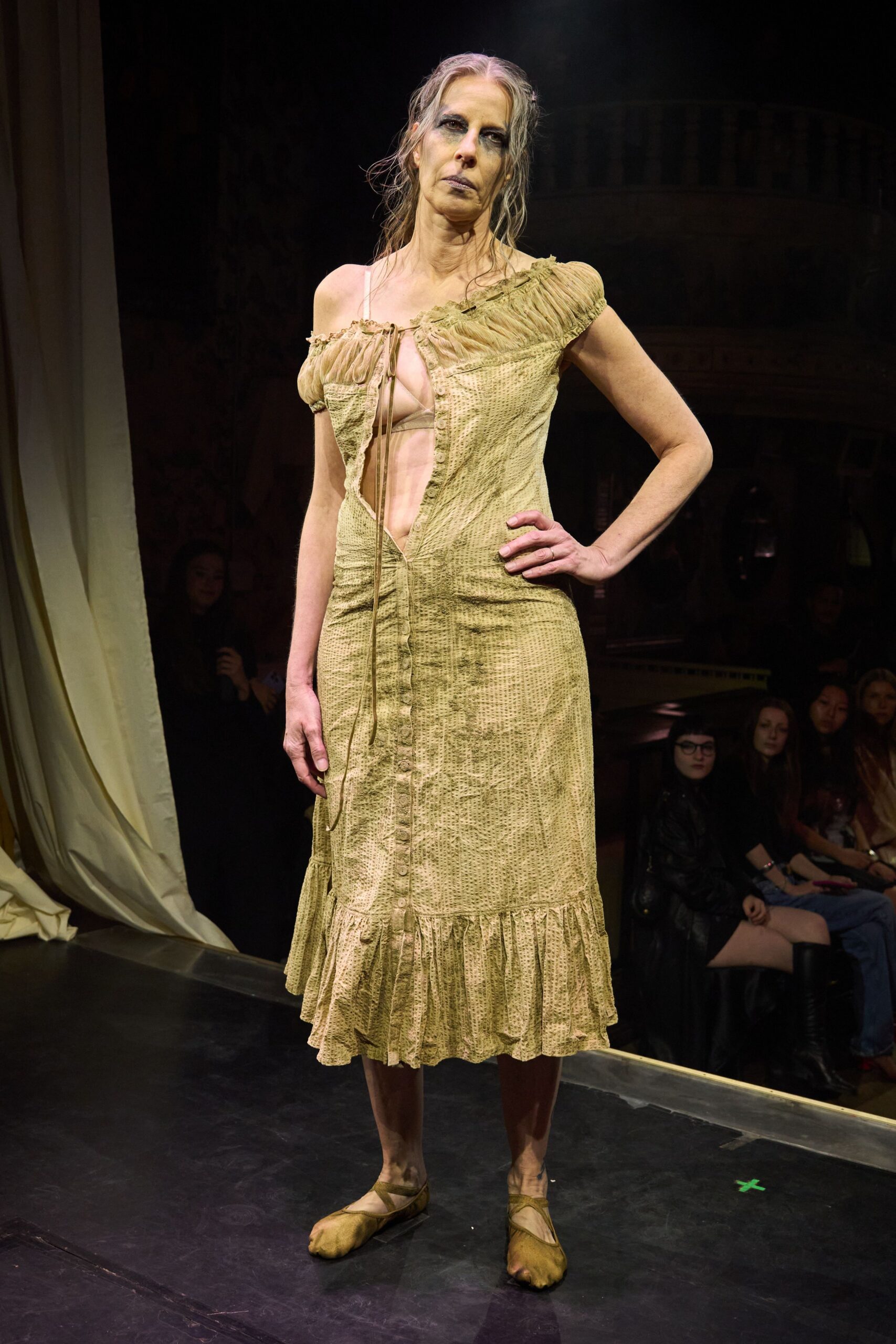 beige ruffled midi dress with brown shoes