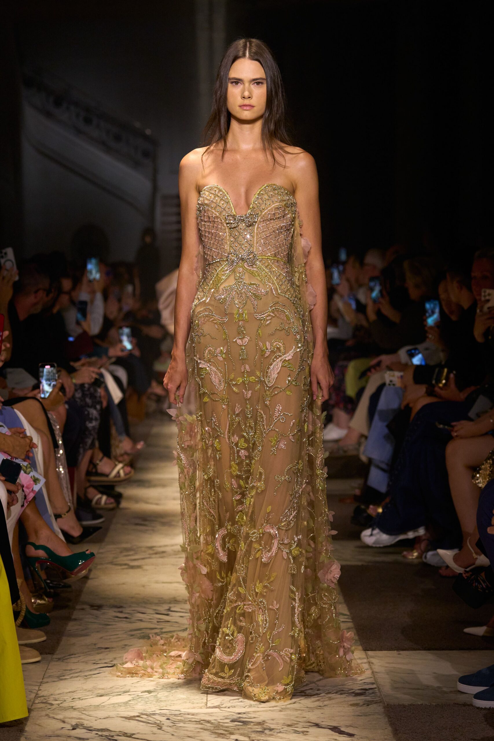 gold embroidered strapless gown