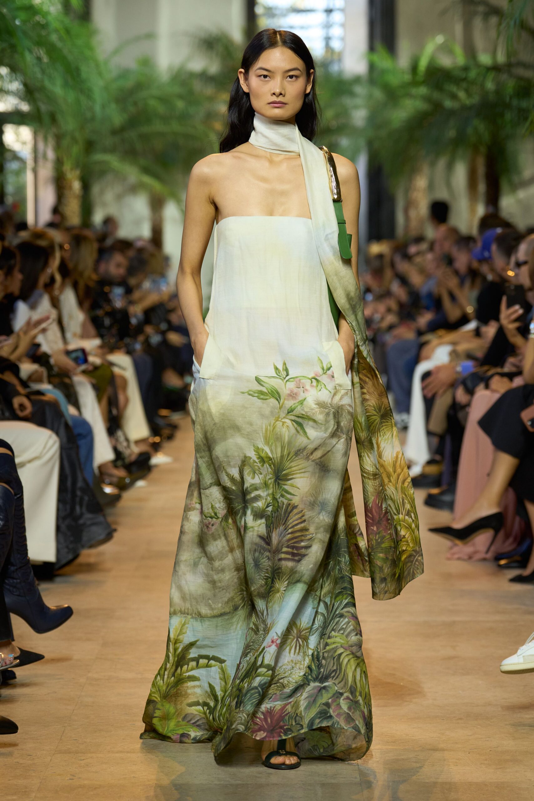 green silk sleeveless high-neck fitted floral draped gown