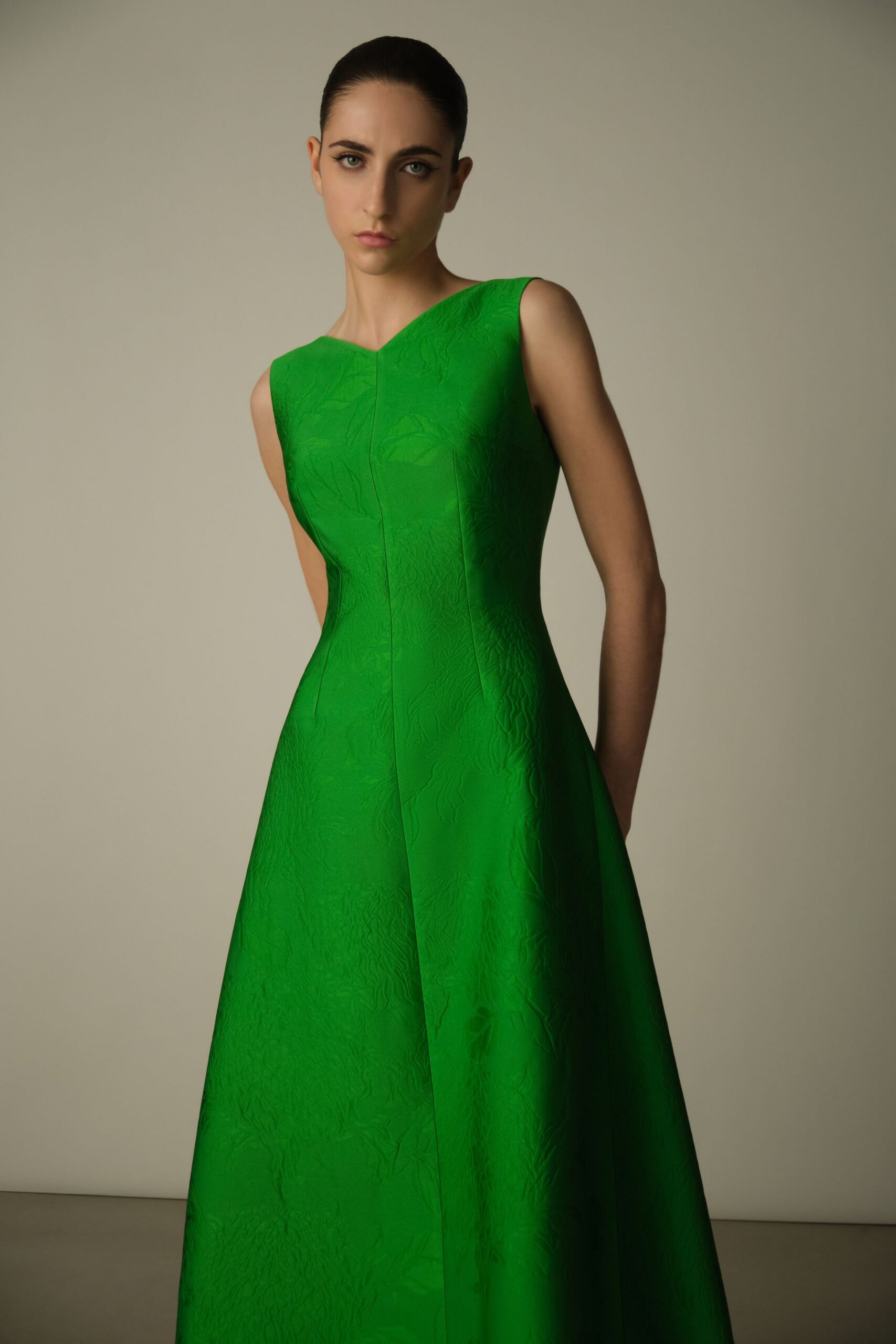 green silk sleeveless gown