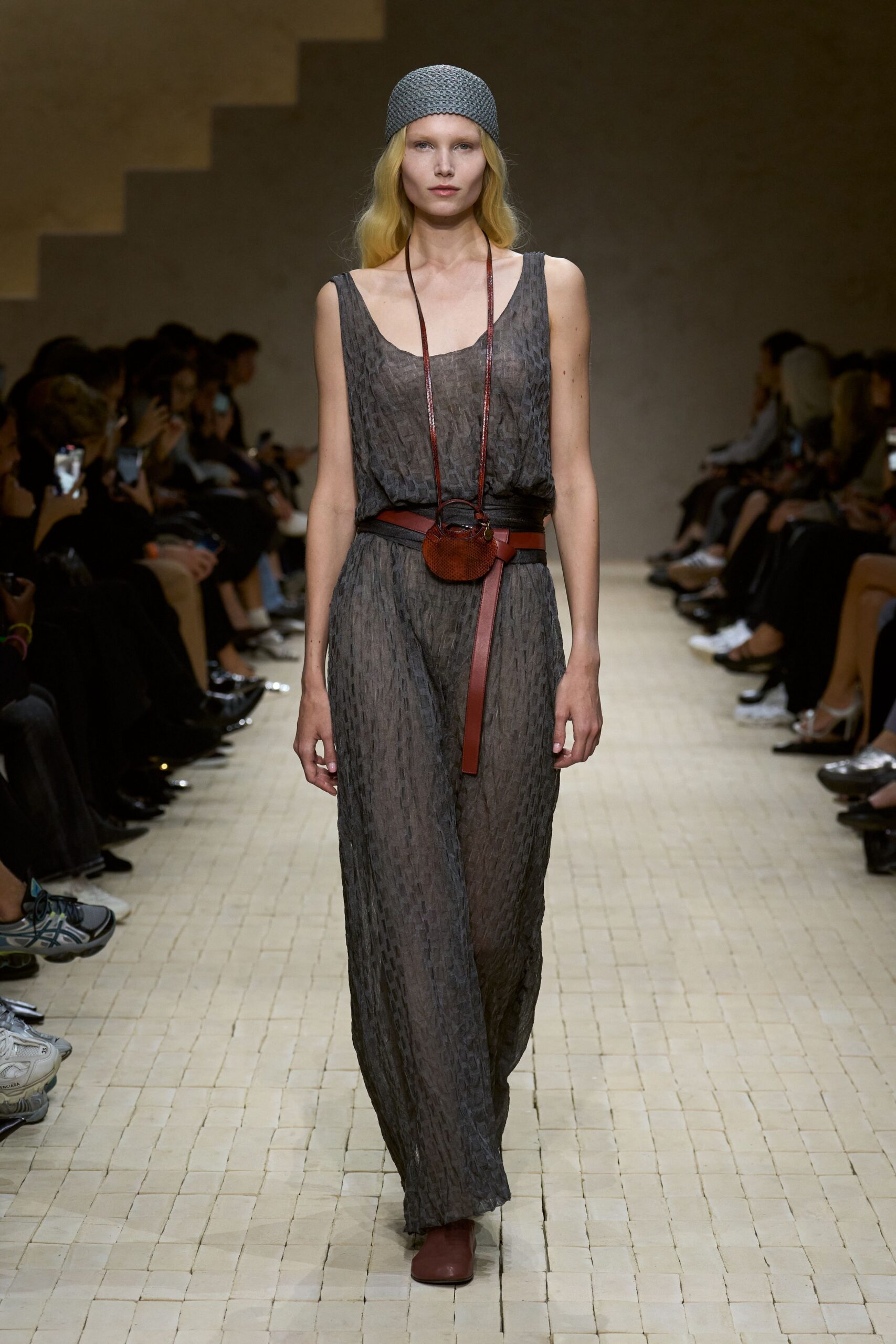 gray silk sleeveless v-neck relaxed textured flowing jumpsuit