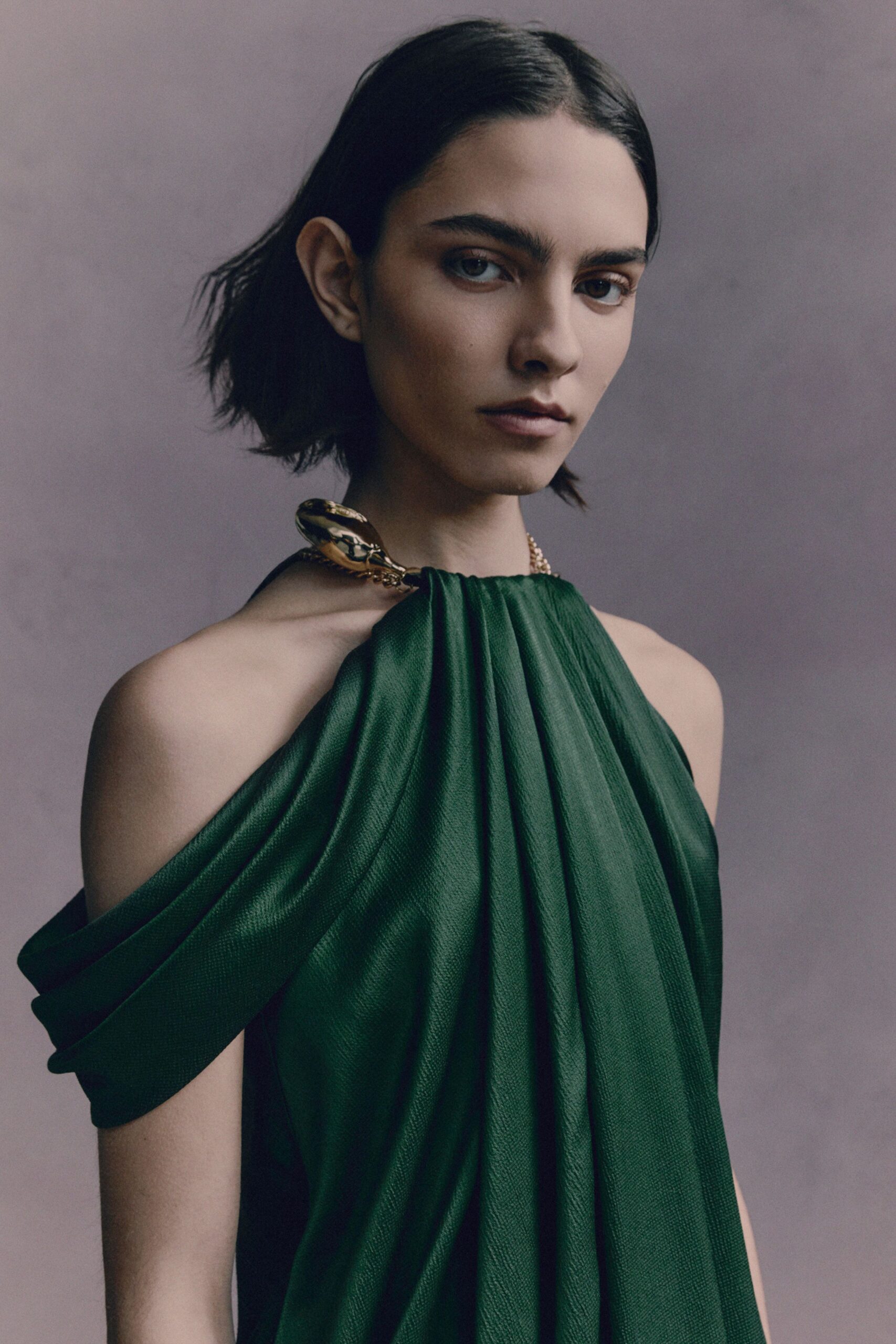 green silk off-shoulder dress