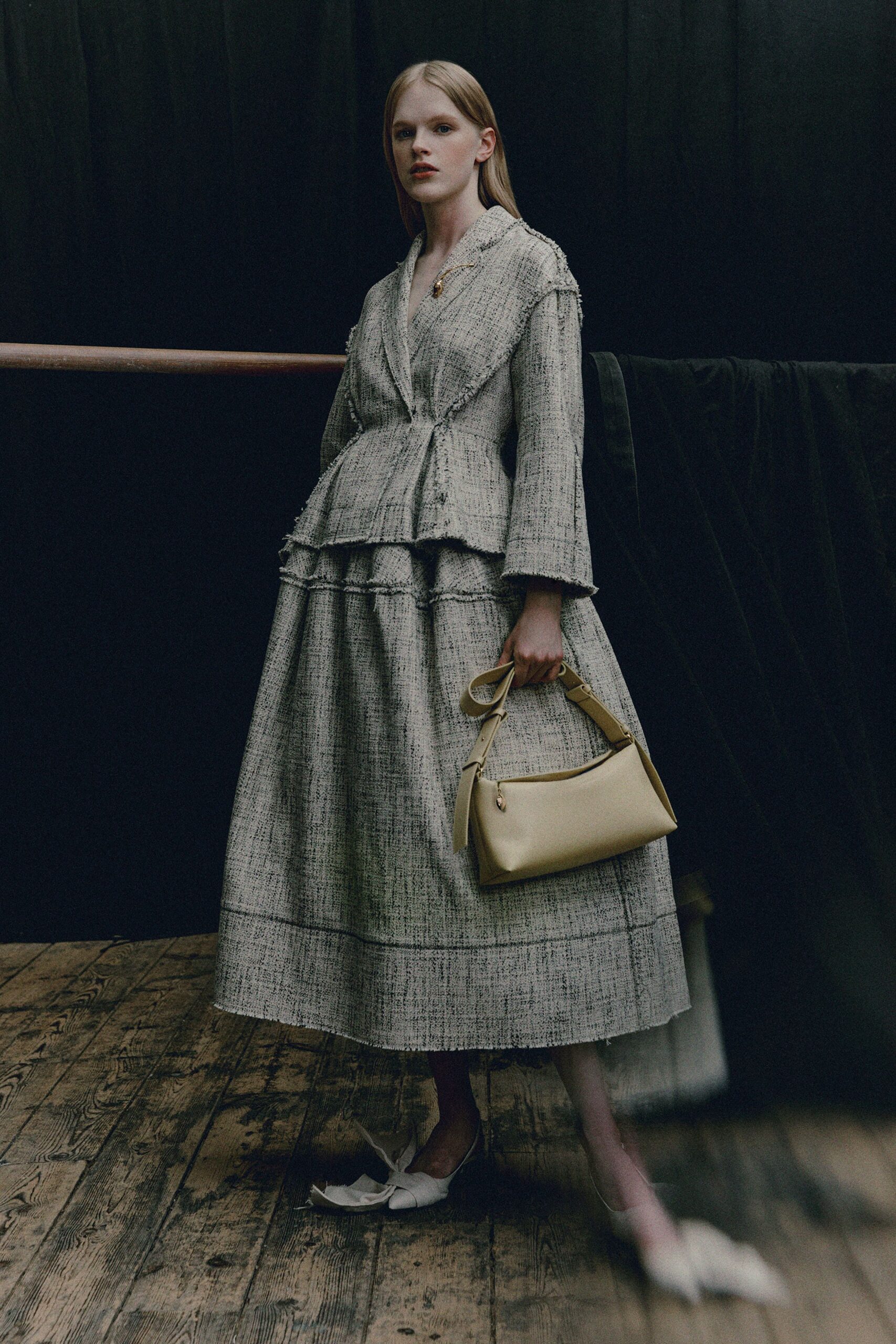 gray tweed long-sleeve collared structured ruffled blazer