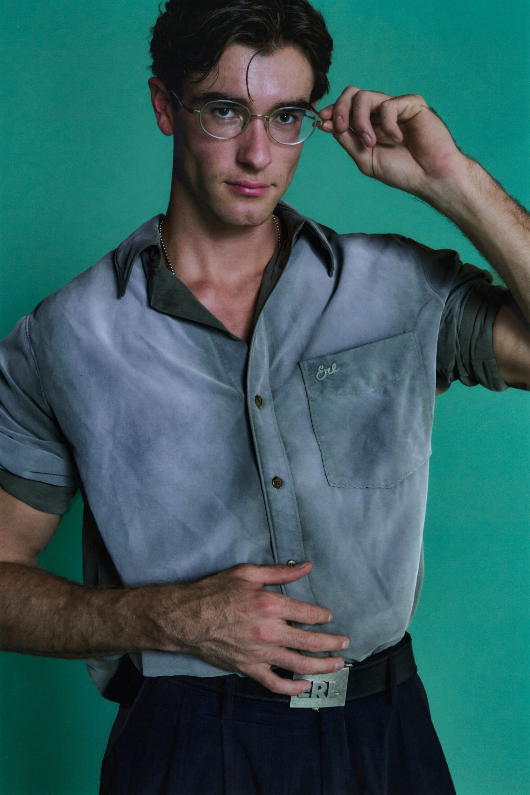 gray relaxed shirt with tailored pants