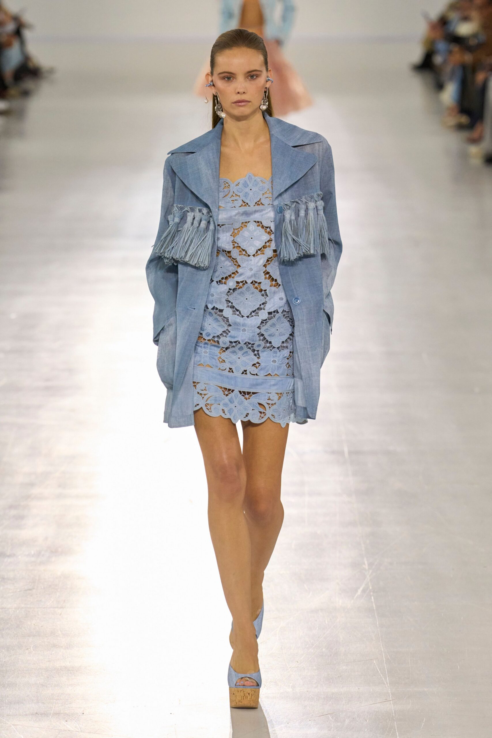 blue lace mini dress with denim jacket