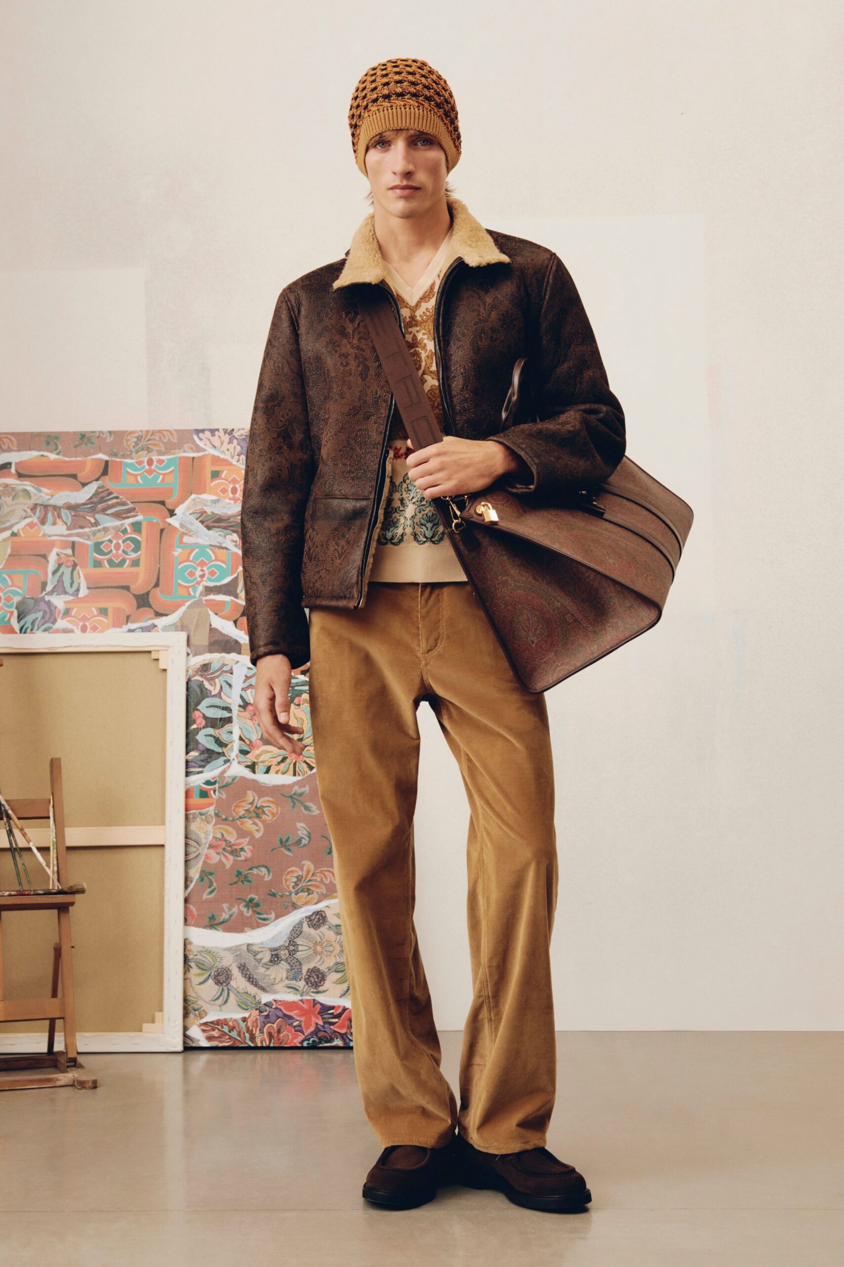 brown leather long-sleeve collared fitted textured jacket