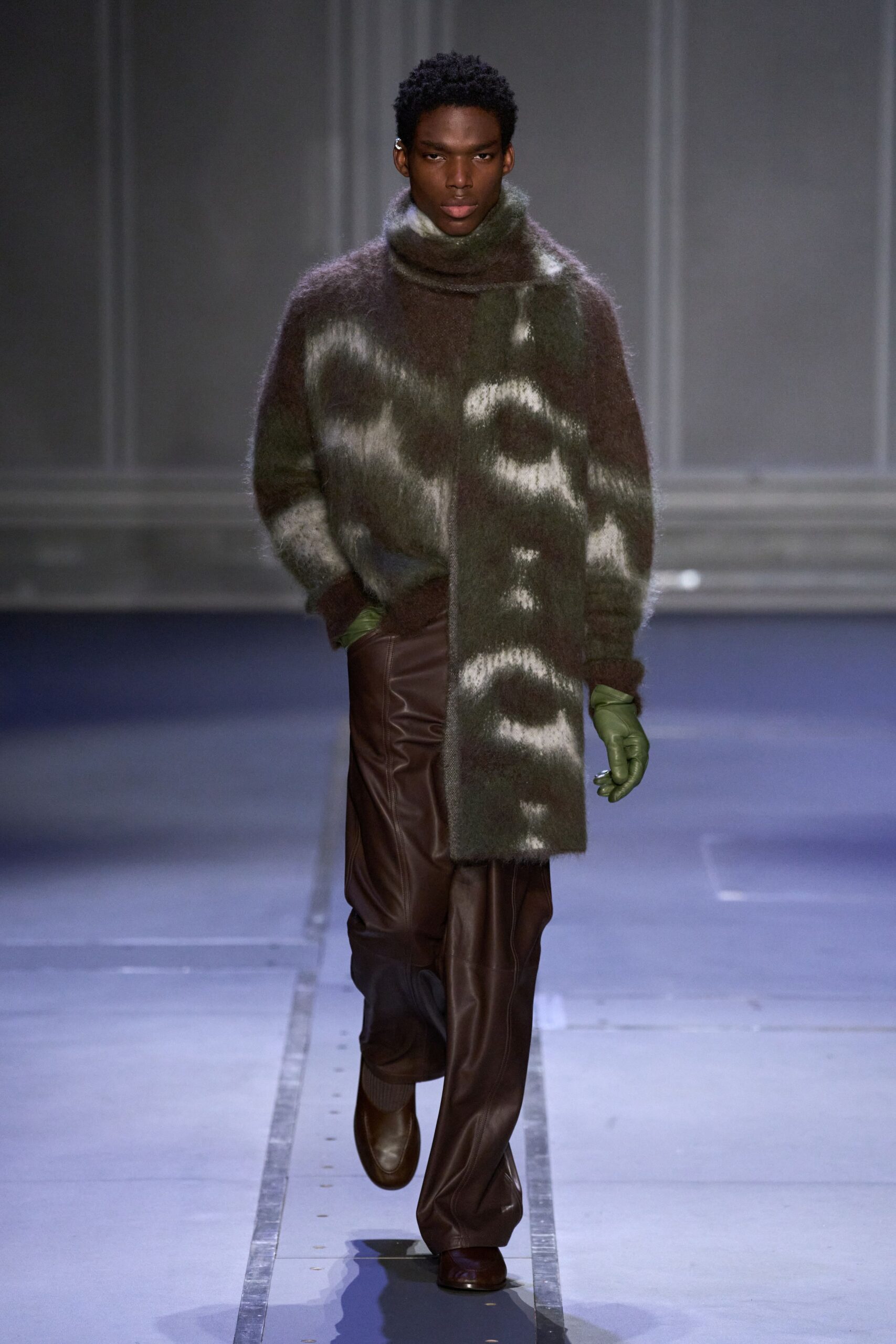 relaxed green brown sweater with leather pants