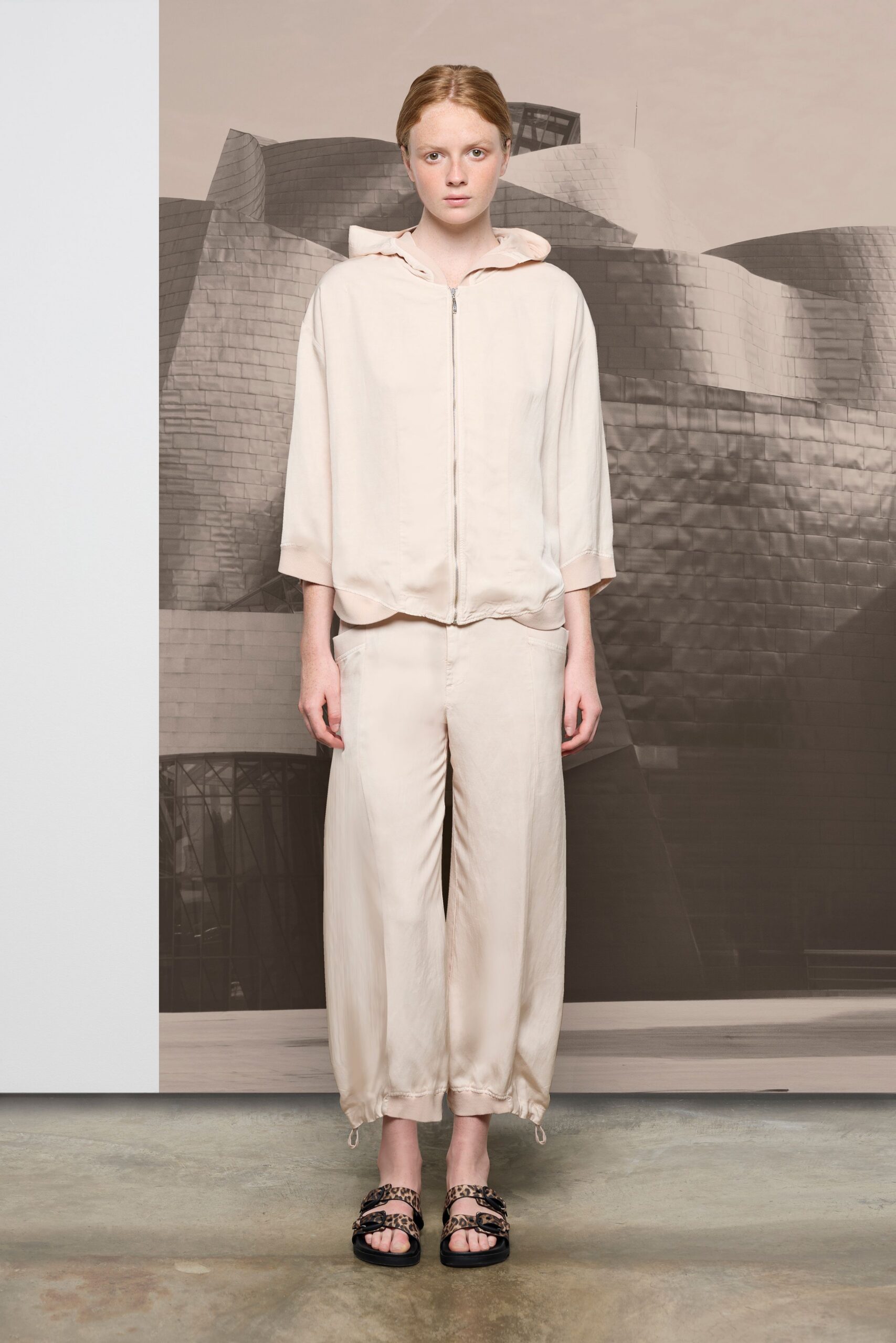beige silk long-sleeve hooded relaxed jacket