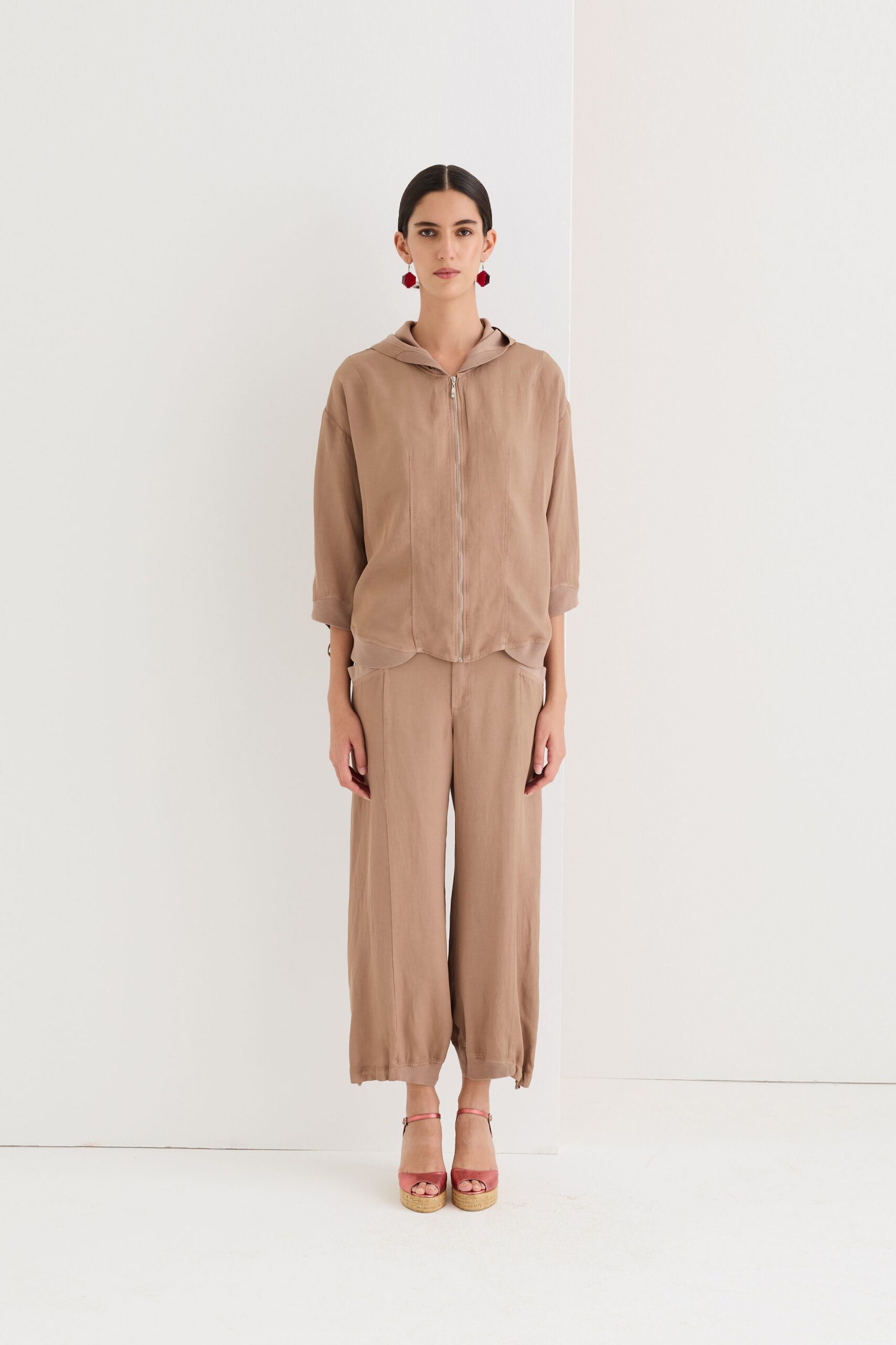 beige silk long-sleeve hooded relaxed jacket