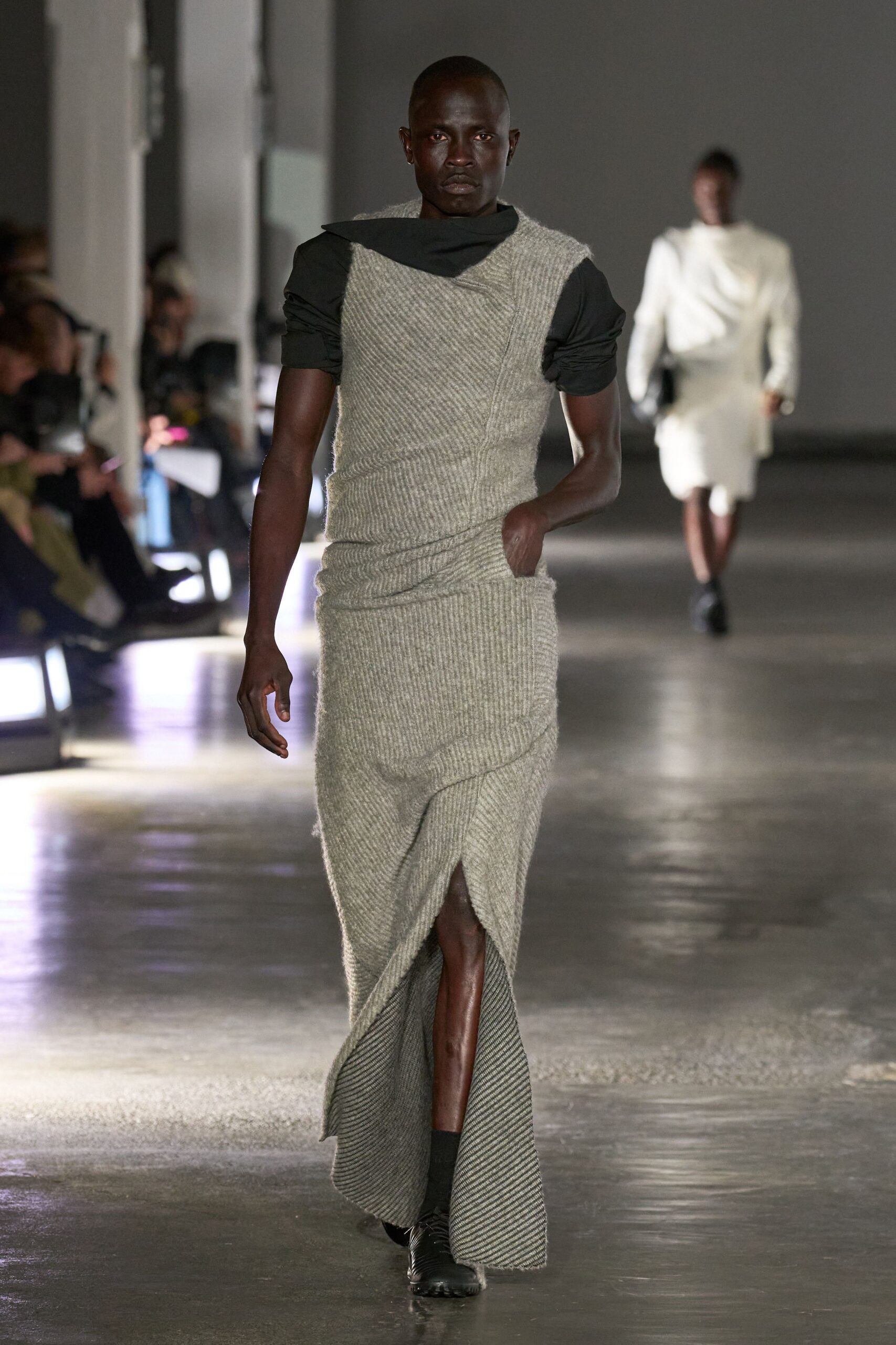 gray wool sleeveless v-neck fitted draped maxi dress