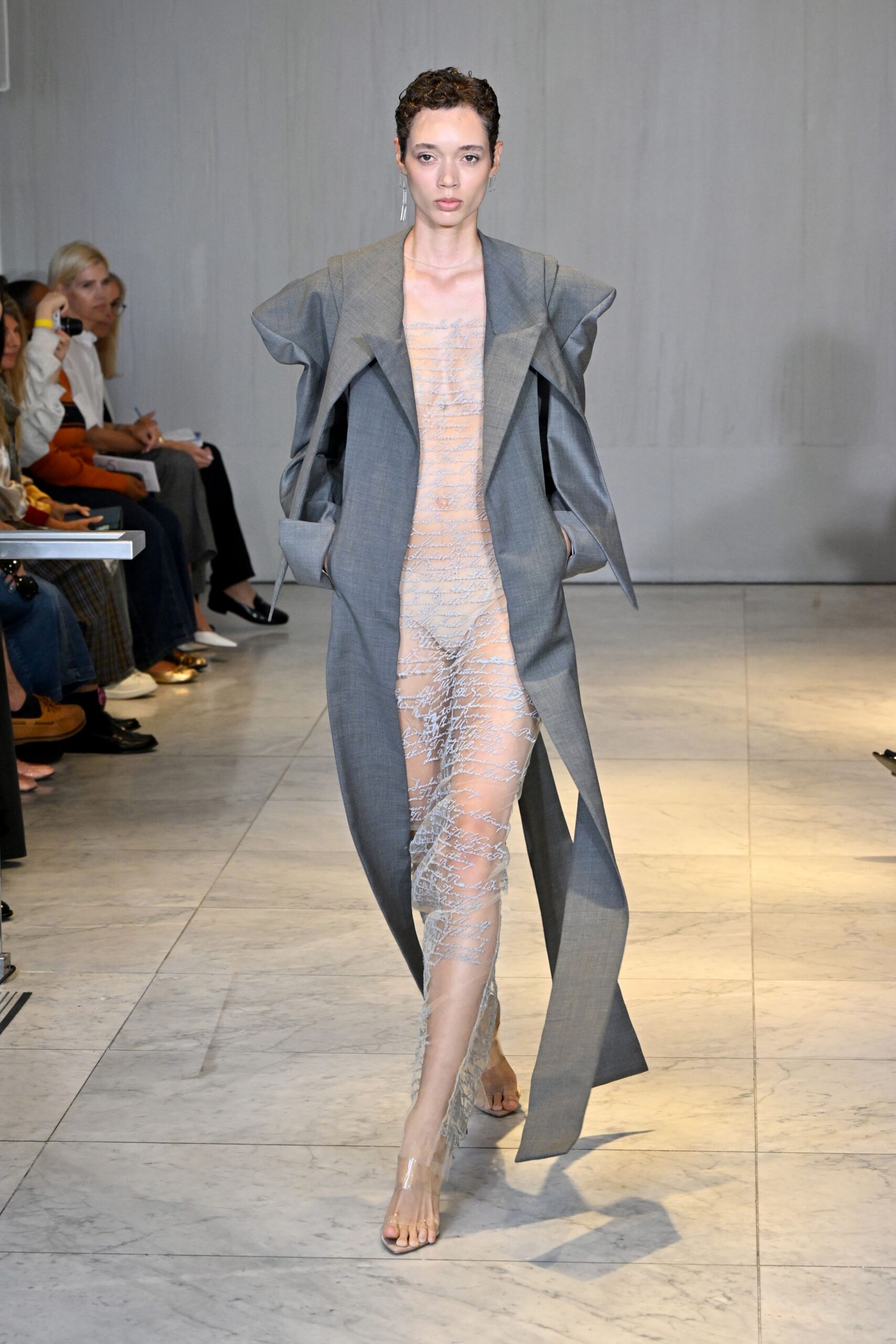 gray silk sleeveless v-neck fitted layered gown