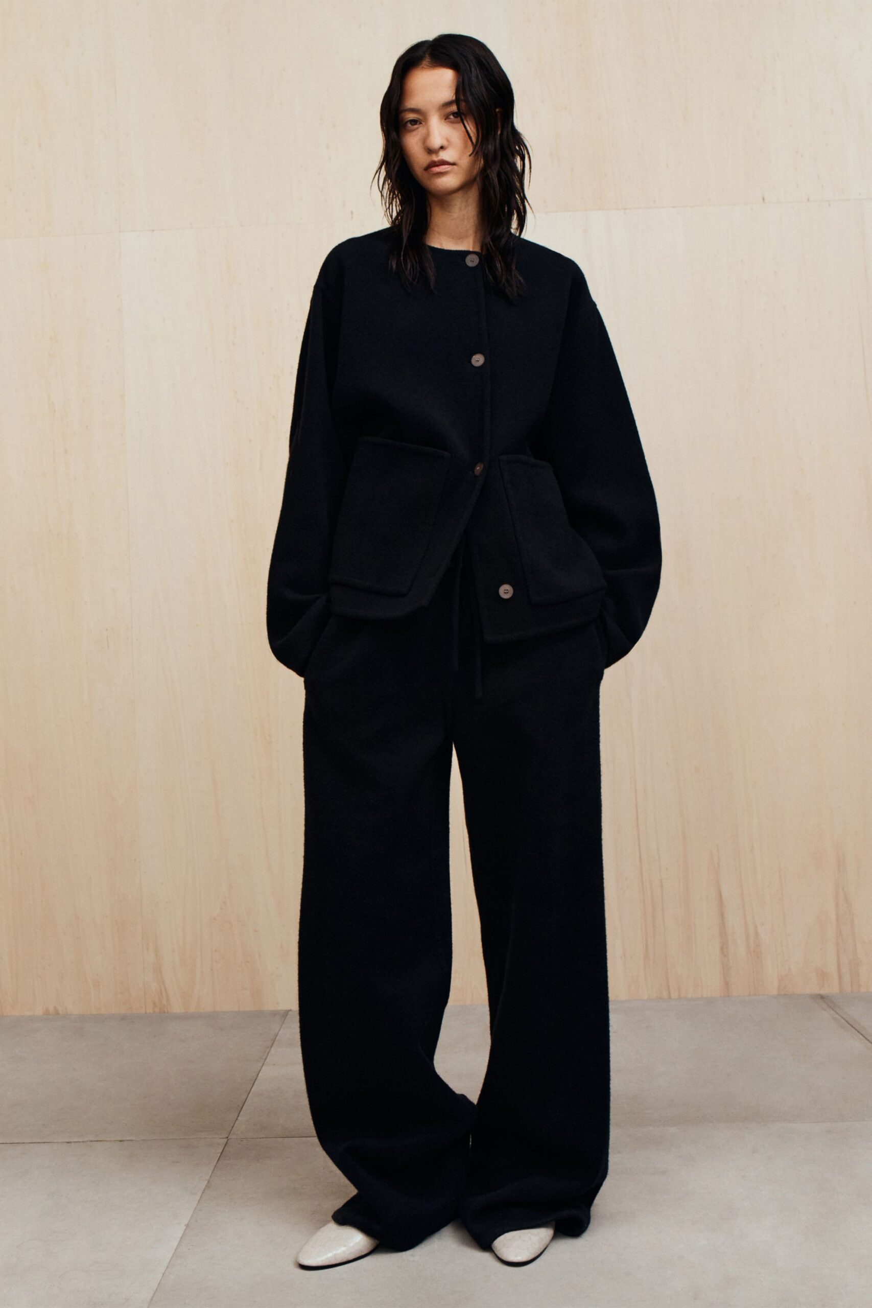 black wool relaxed jacket and pants