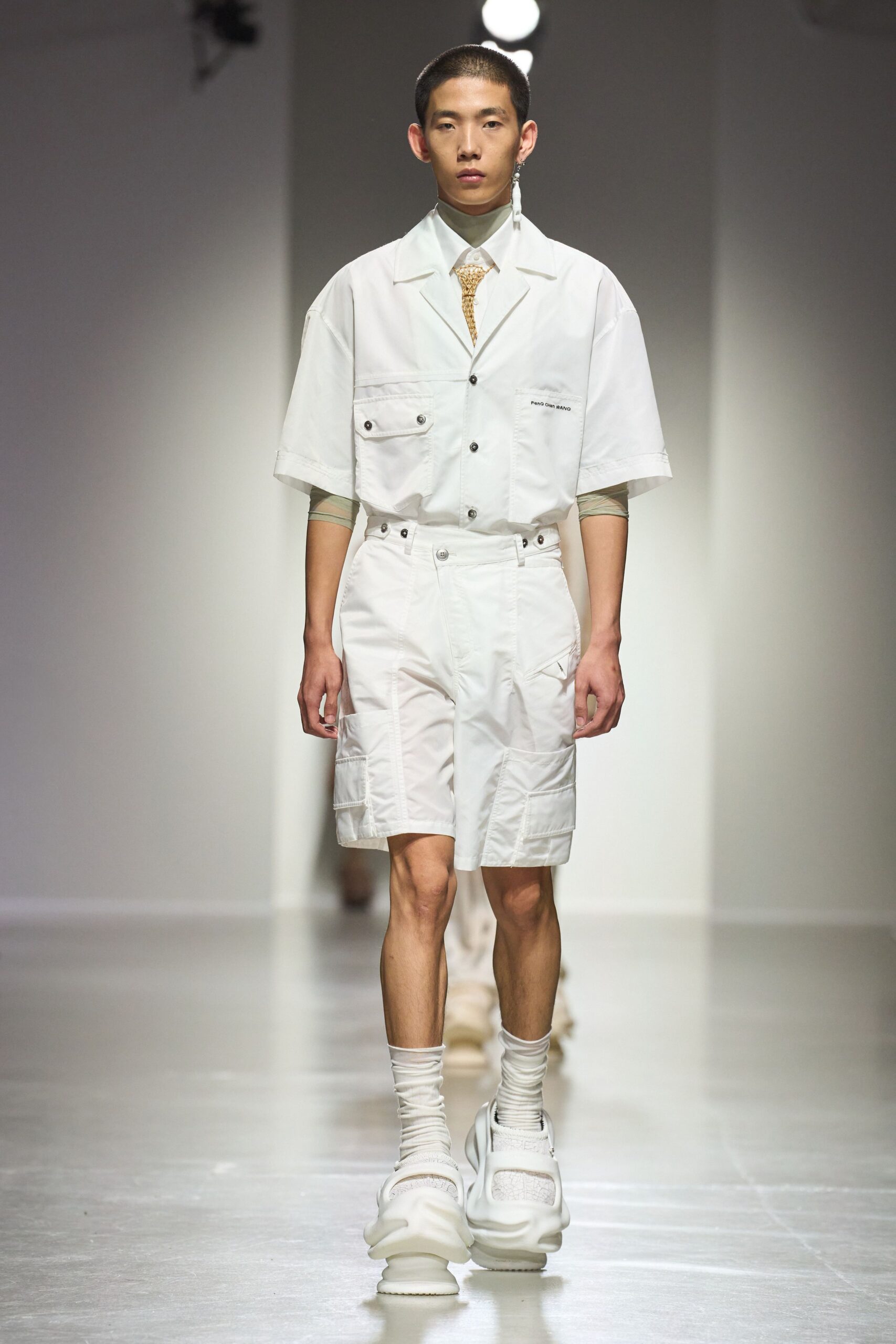 white cotton short-sleeve collared relaxed zippered pockets jumpsuit