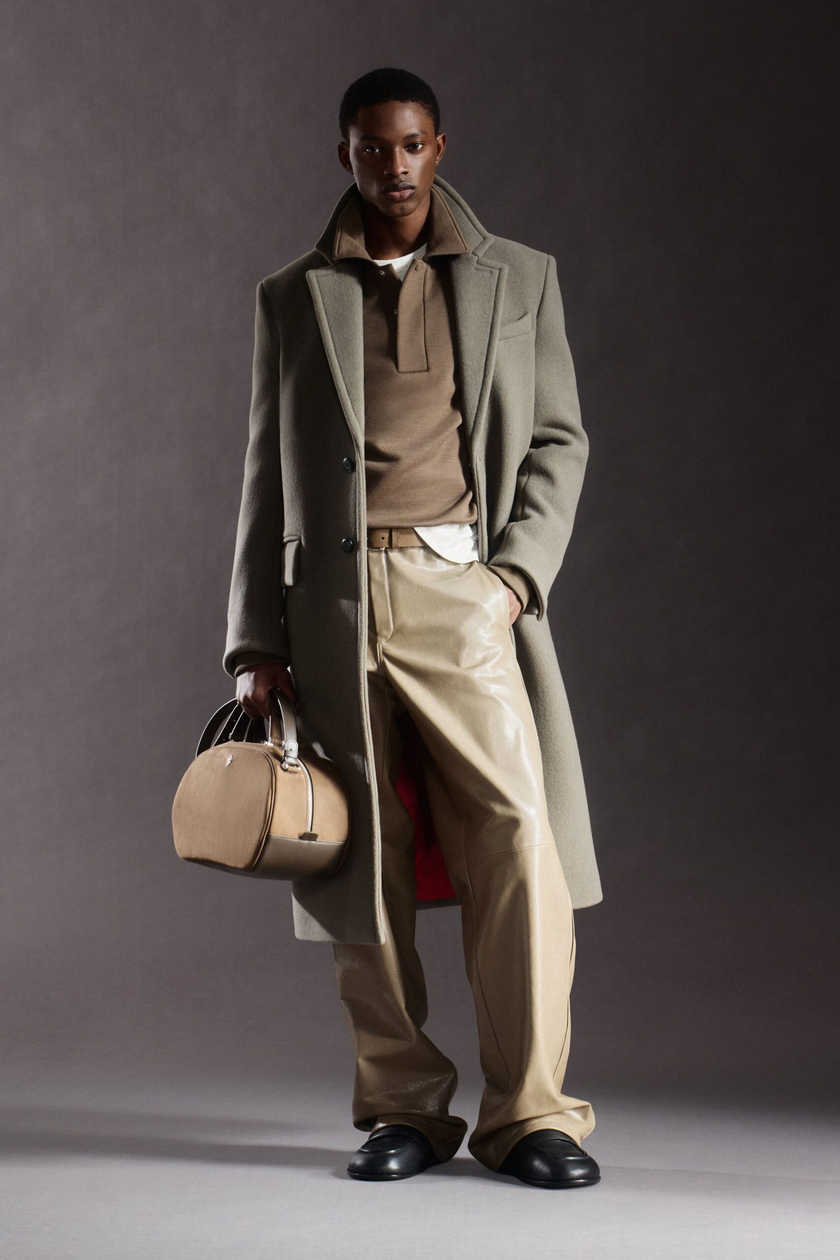 gray wool coat with leather pants