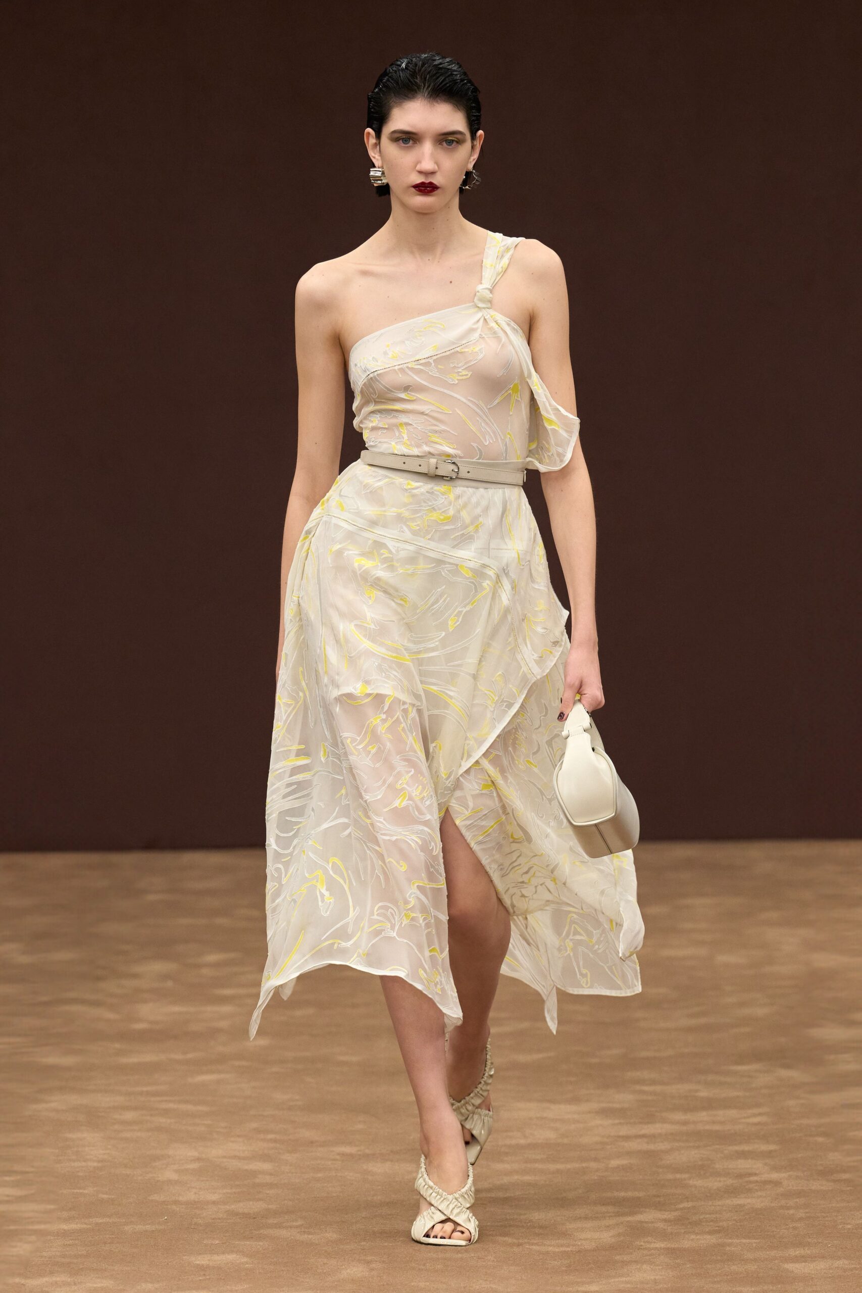 white chiffon sleeveless asymmetric fitted draped flowing dress