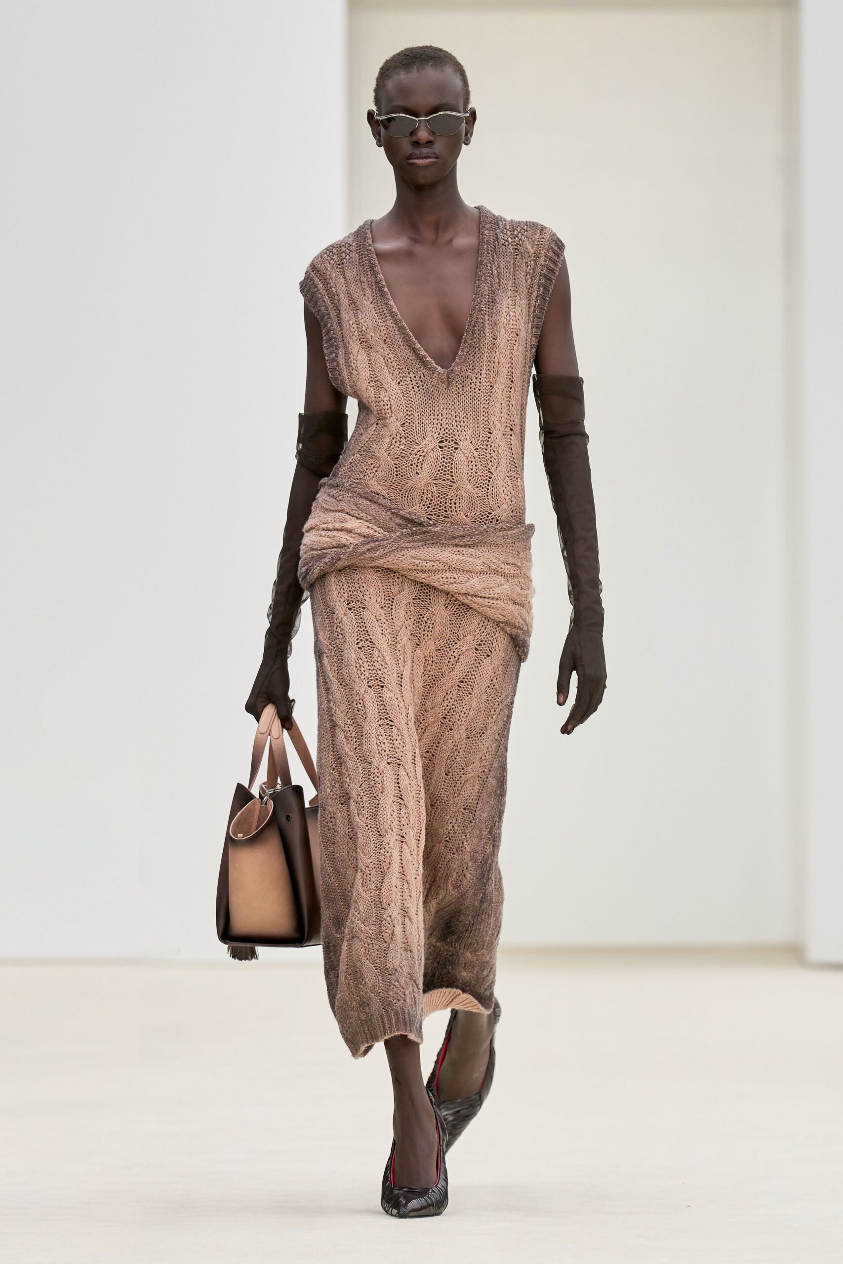 brown knit sleeveless v-neck fitted ruched midi dress