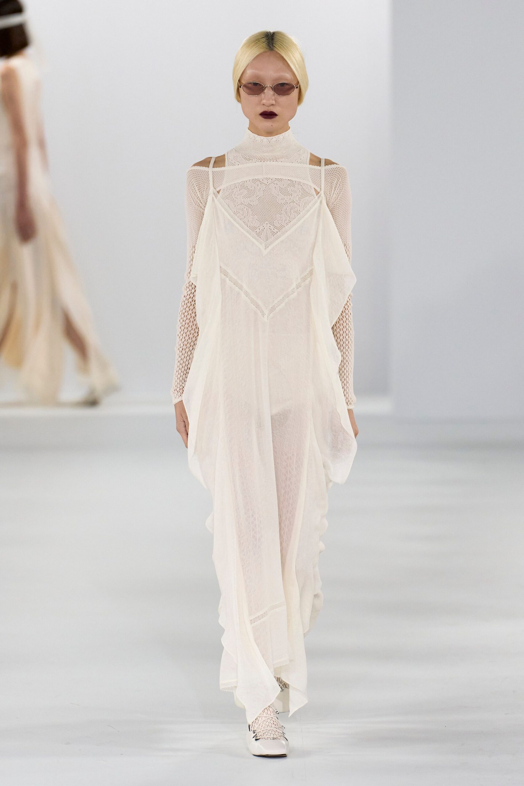 white chiffon long-sleeve high-neck fitted layered draped dress