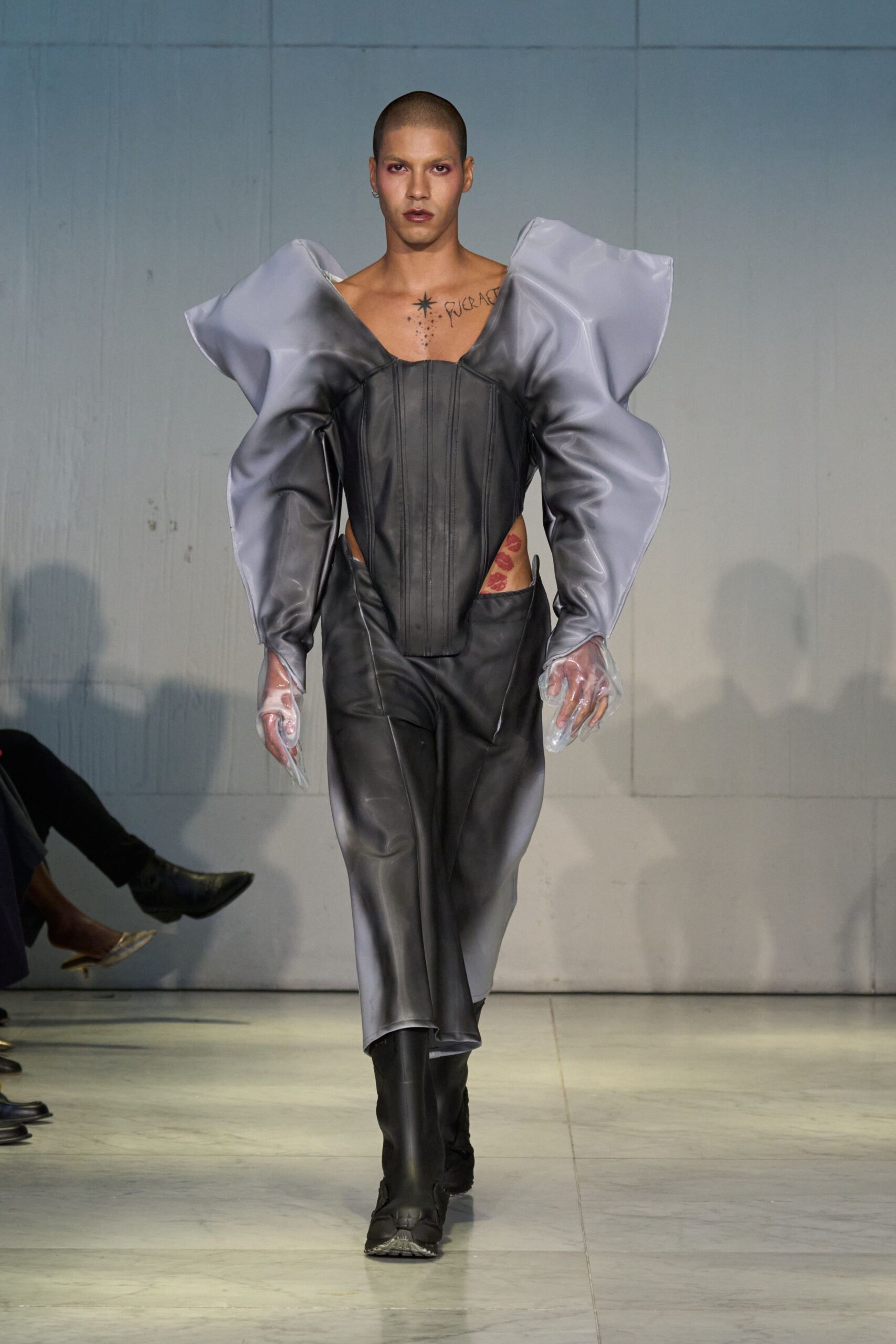 gray vinyl fitted dress with long sleeves