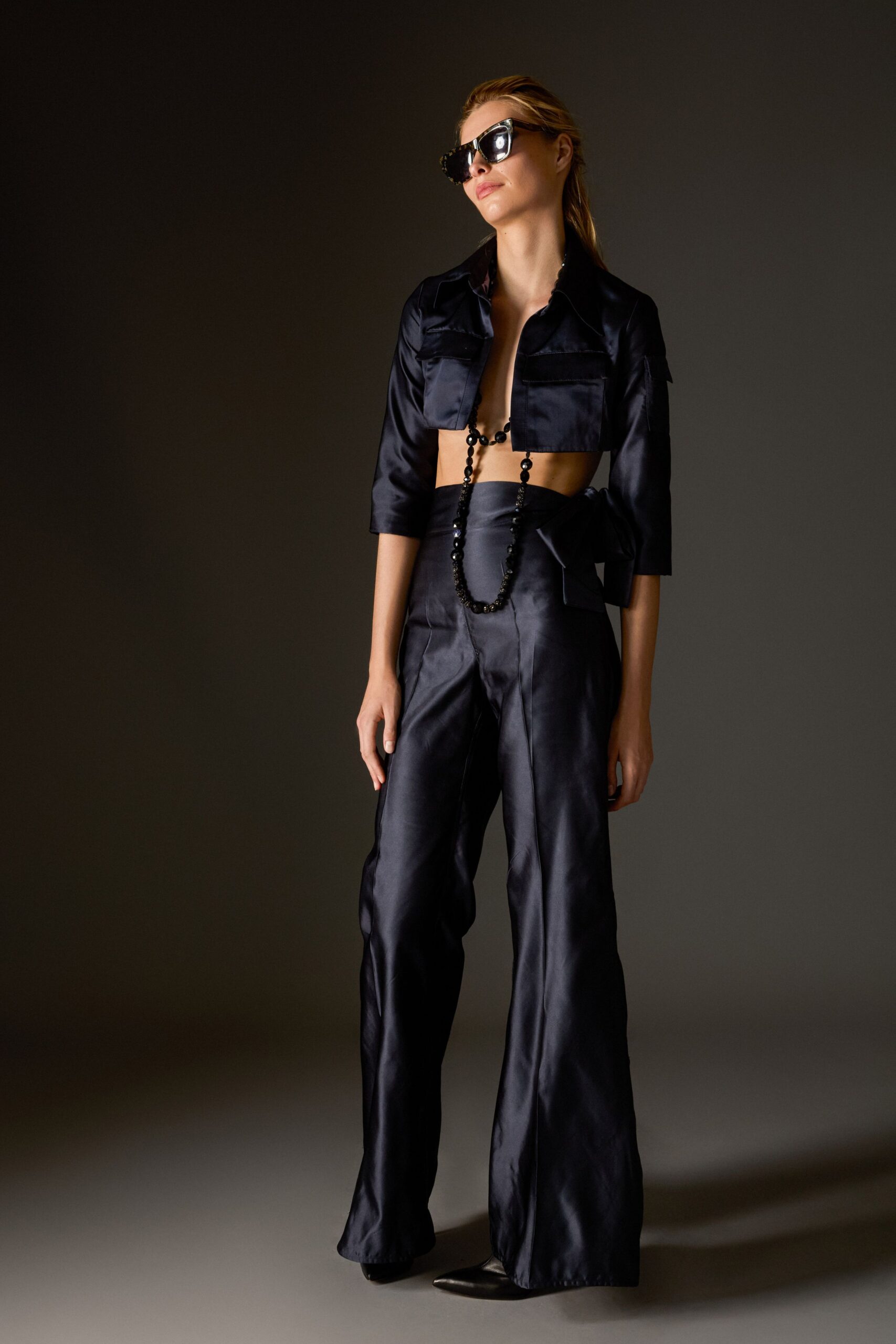 black silk cropped top and pants