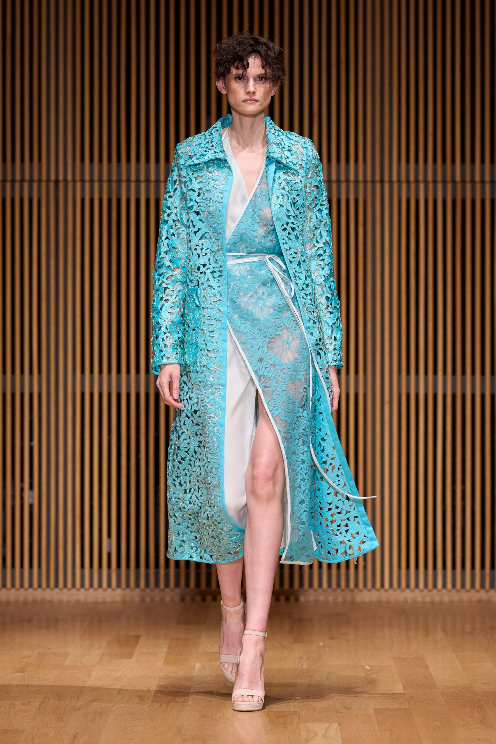 blue silk long-sleeve v-neck fitted embroidered layered dress