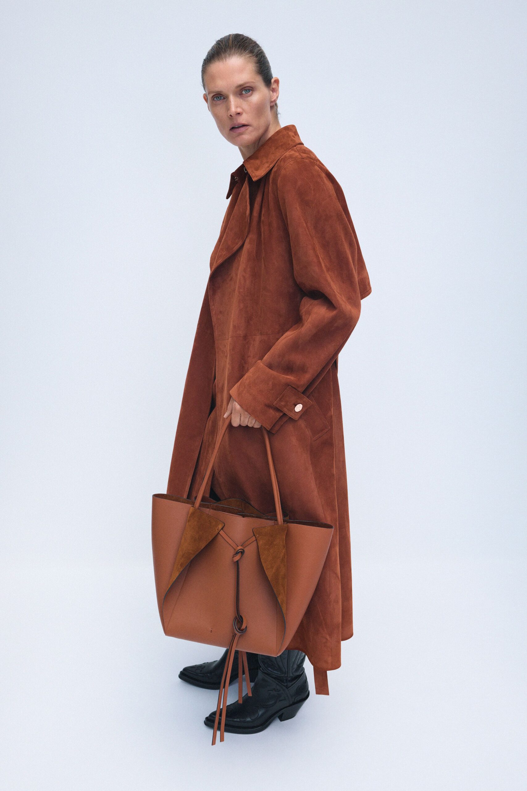 brown suede long-sleeve collared relaxed buttoned midi coat