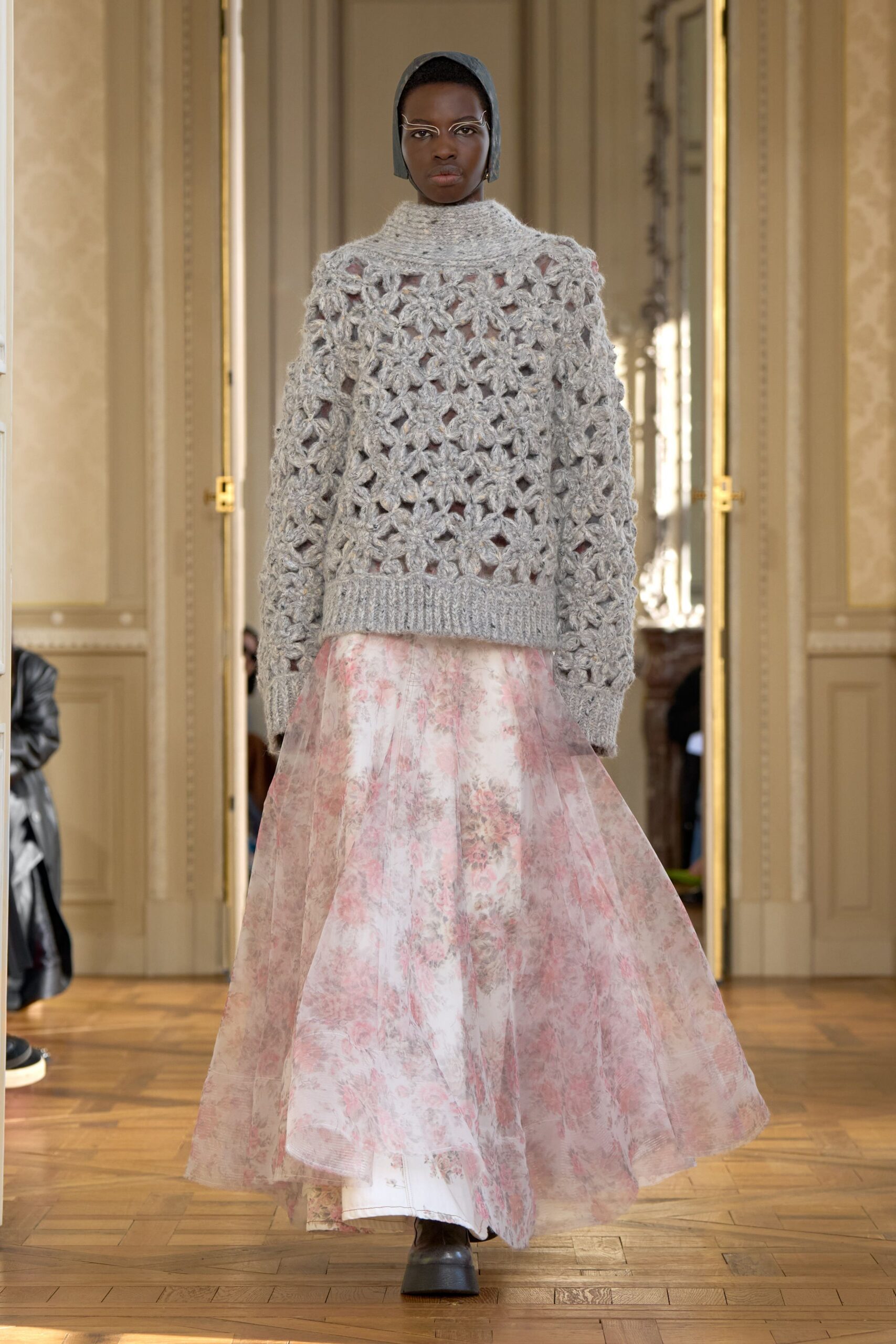 pink silk long-sleeve fitted flared flowing maxi skirt