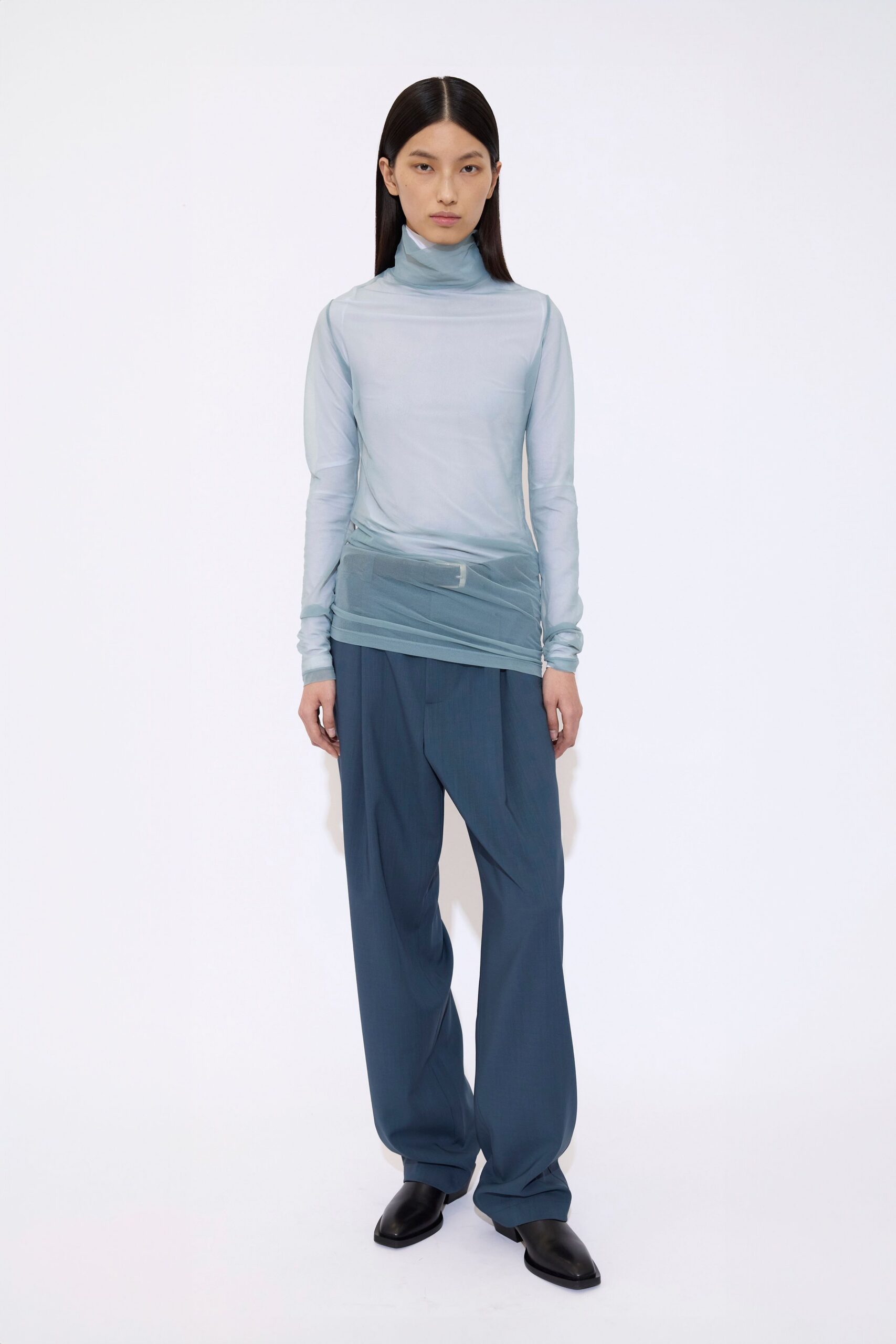 blue mesh long-sleeve turtleneck fitted sheer top