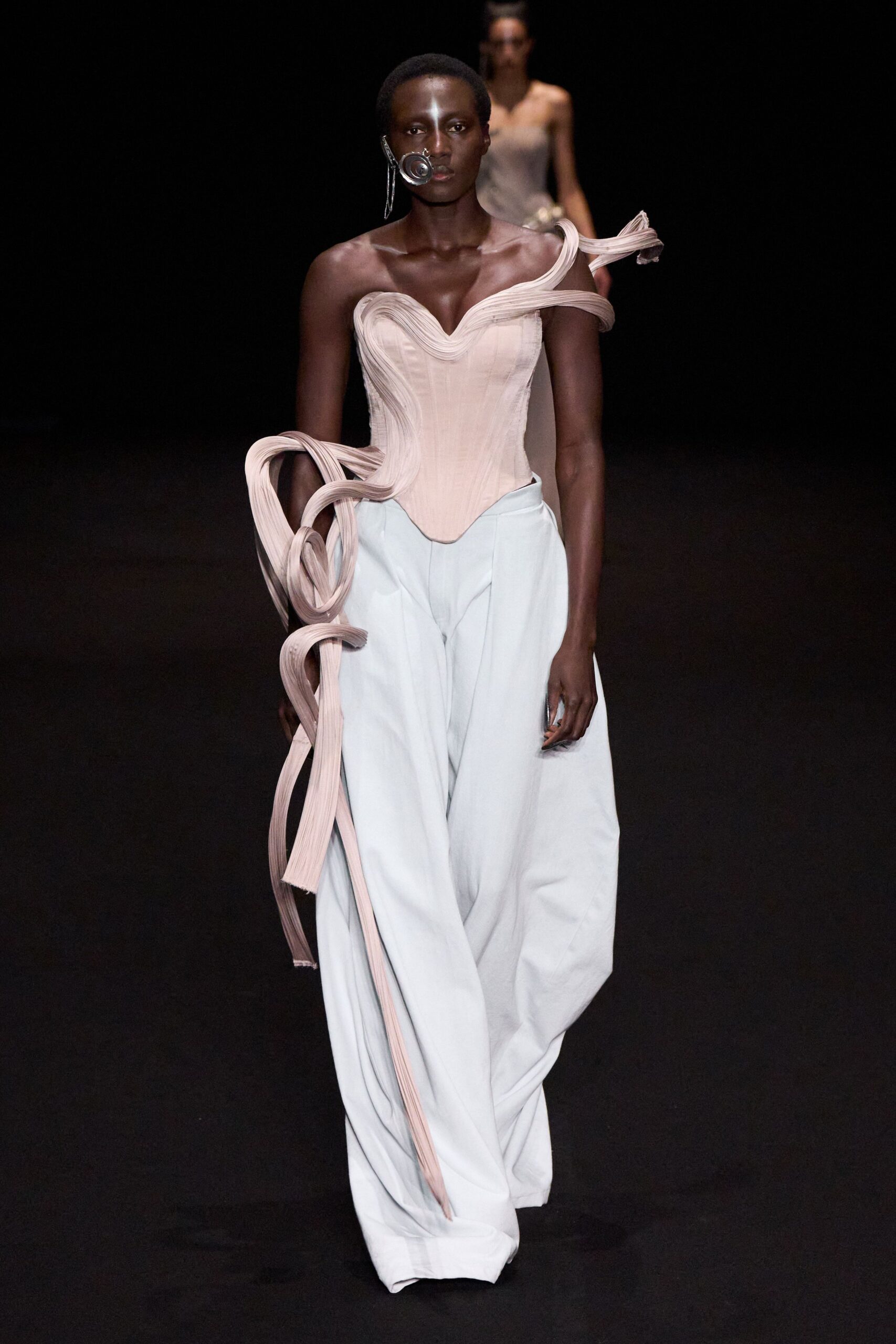 pink silk strapless fitted draped corset