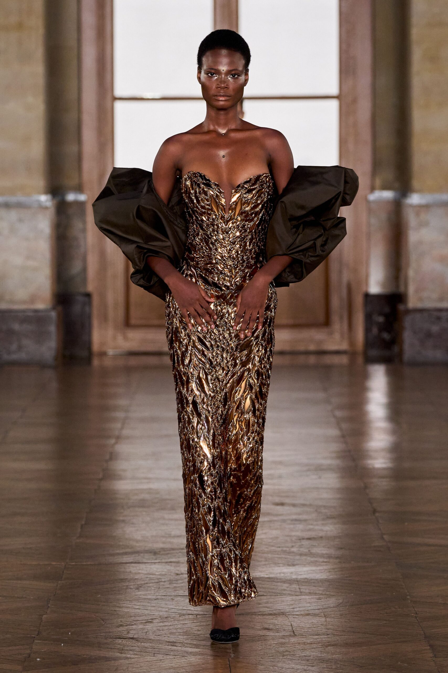 gold brown embellished gown with jacket