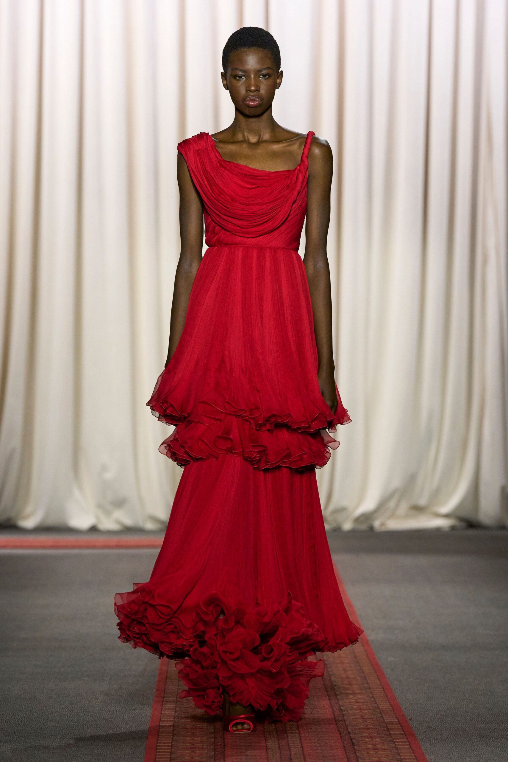 red chiffon sleeveless v-neck fitted ruffled tiered gown