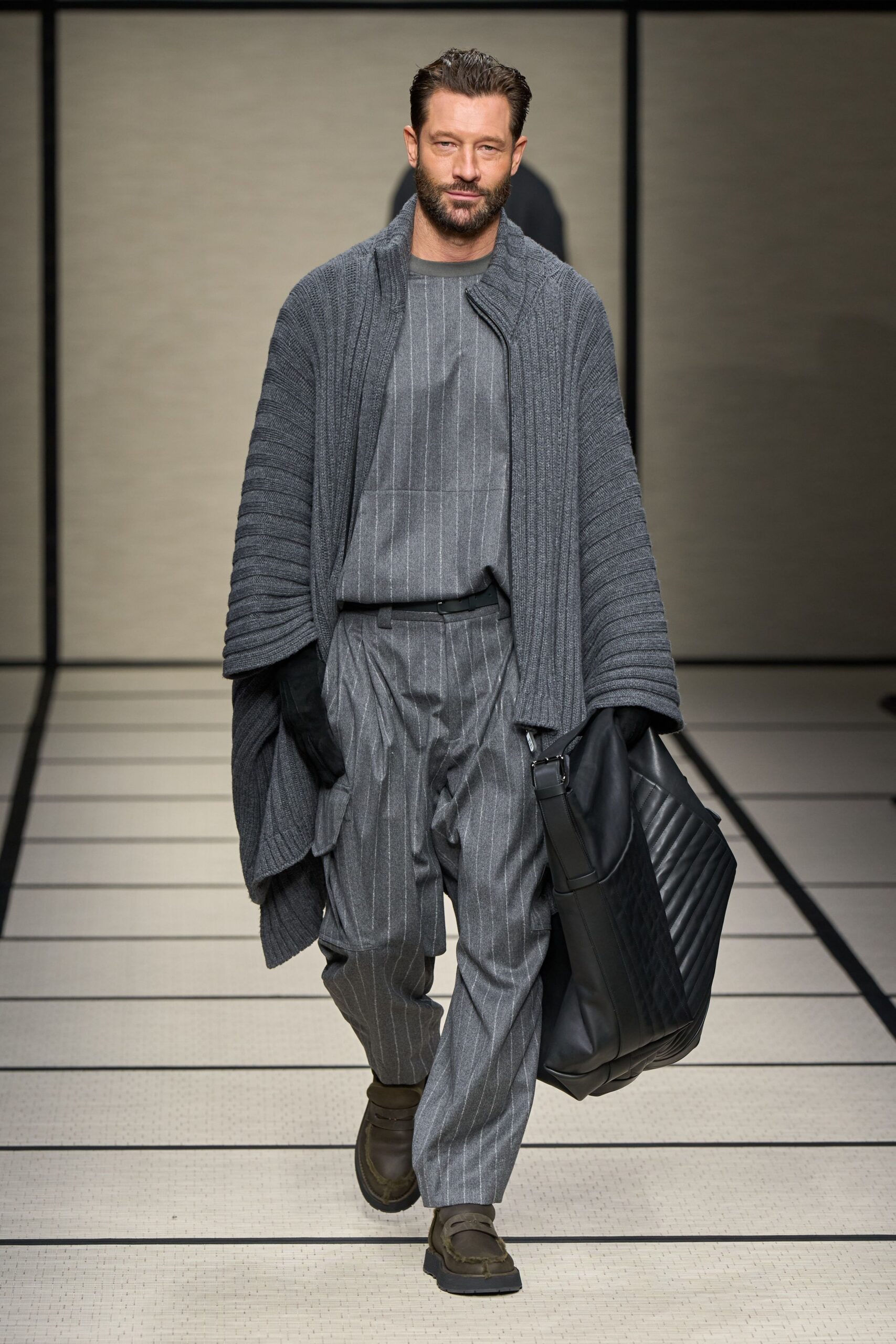 gray wool cape with striped top
