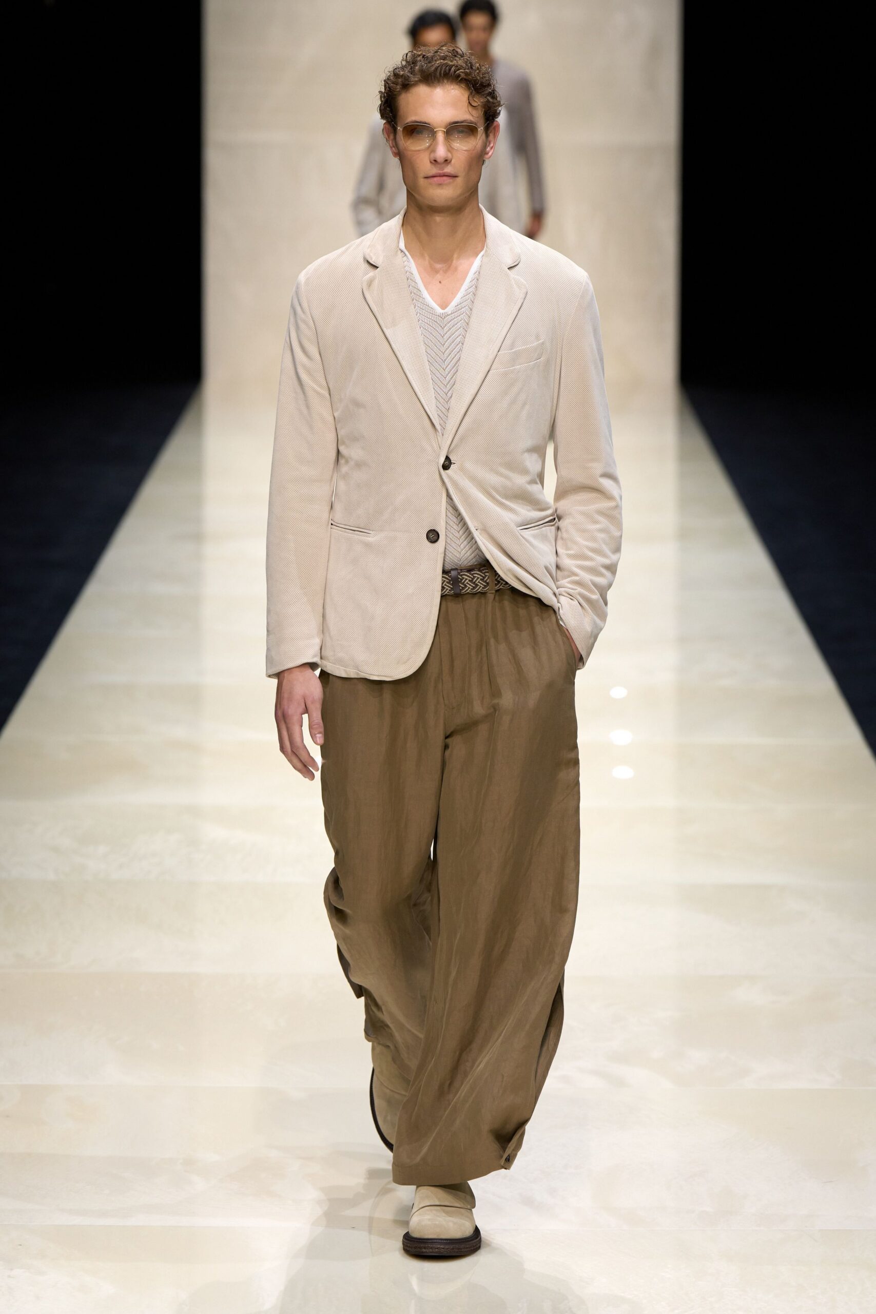 beige tailored blazer with relaxed pants