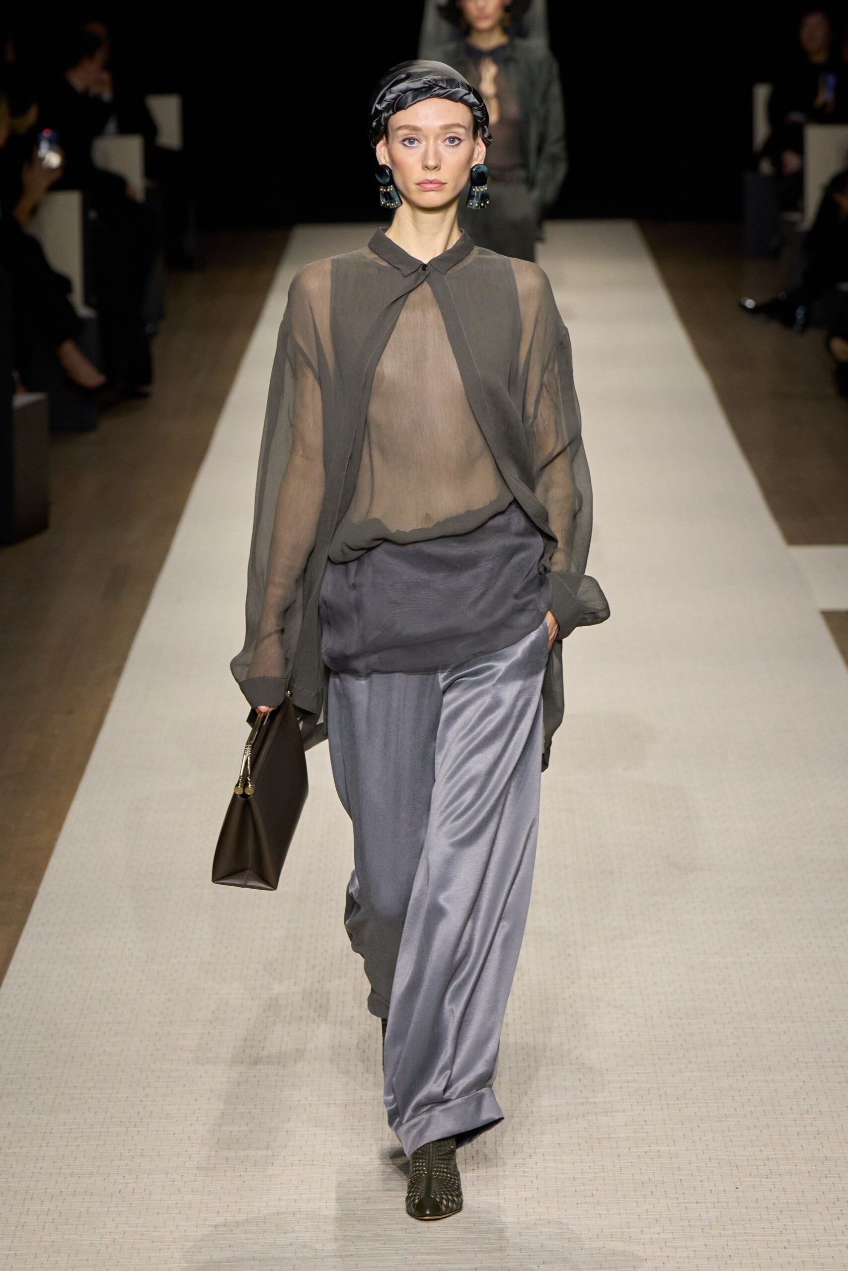 black silk long-sleeve collared relaxed sheer flowing top