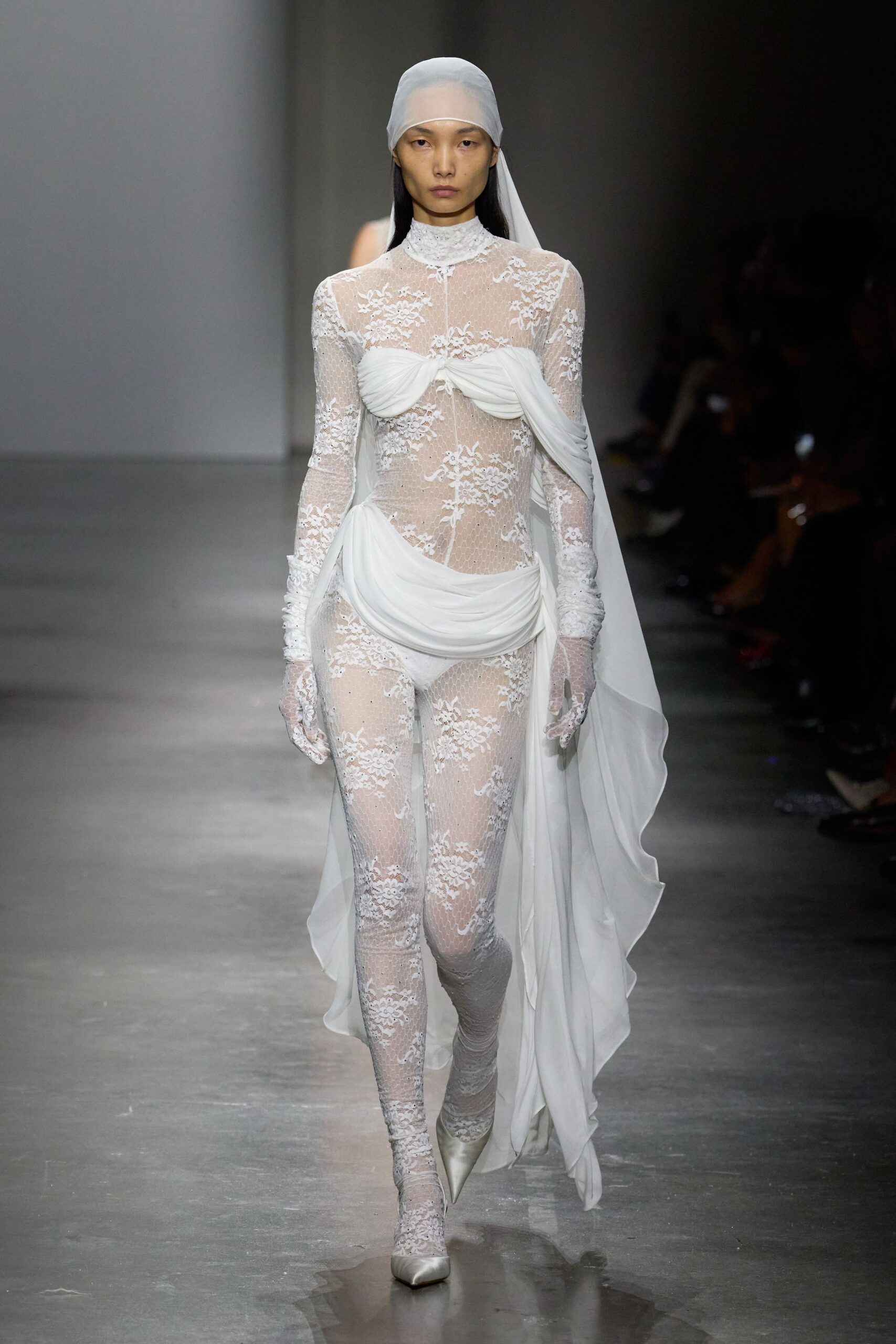 white lace long-sleeve high-neck fitted draped catsuit