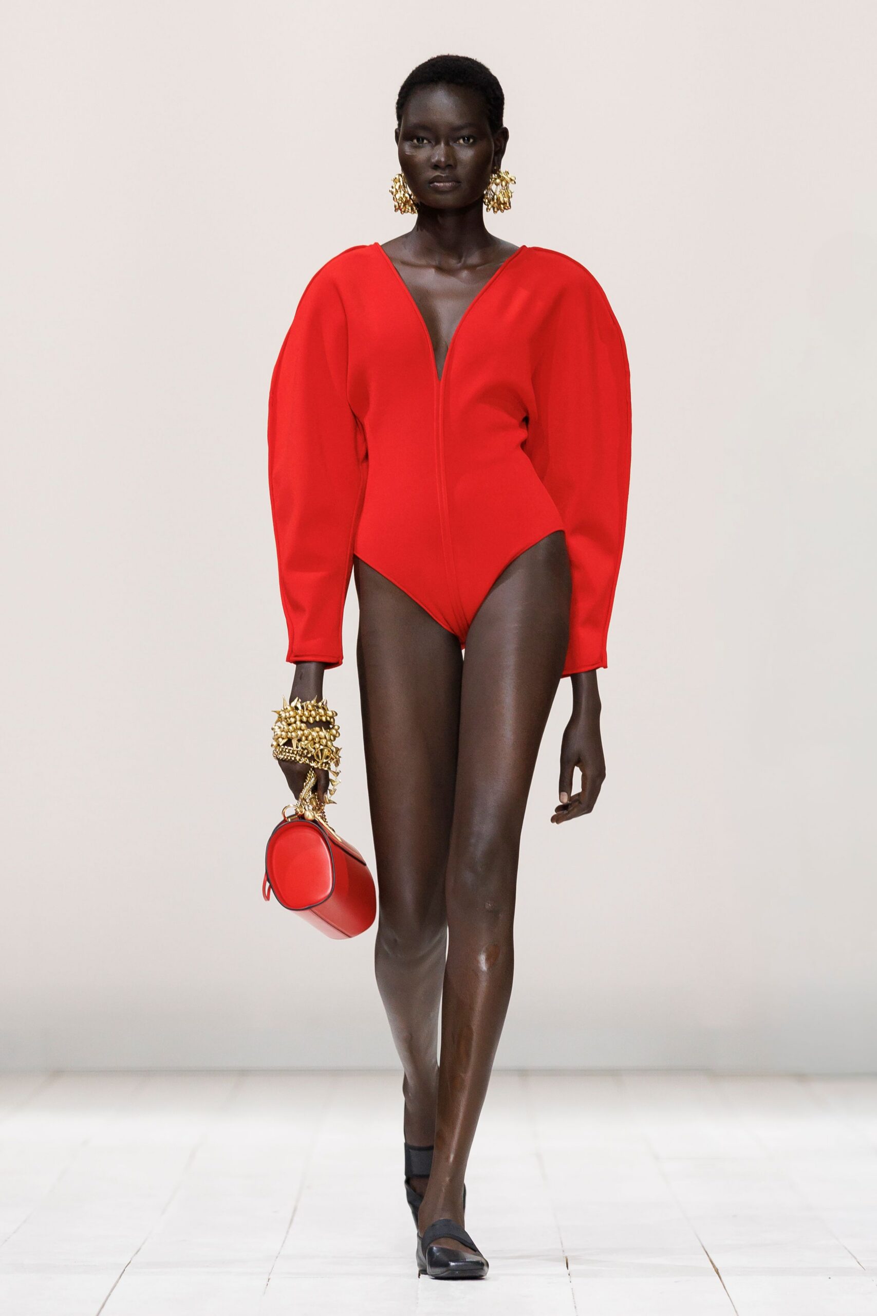 red cotton long-sleeve v-neck fitted bodysuit