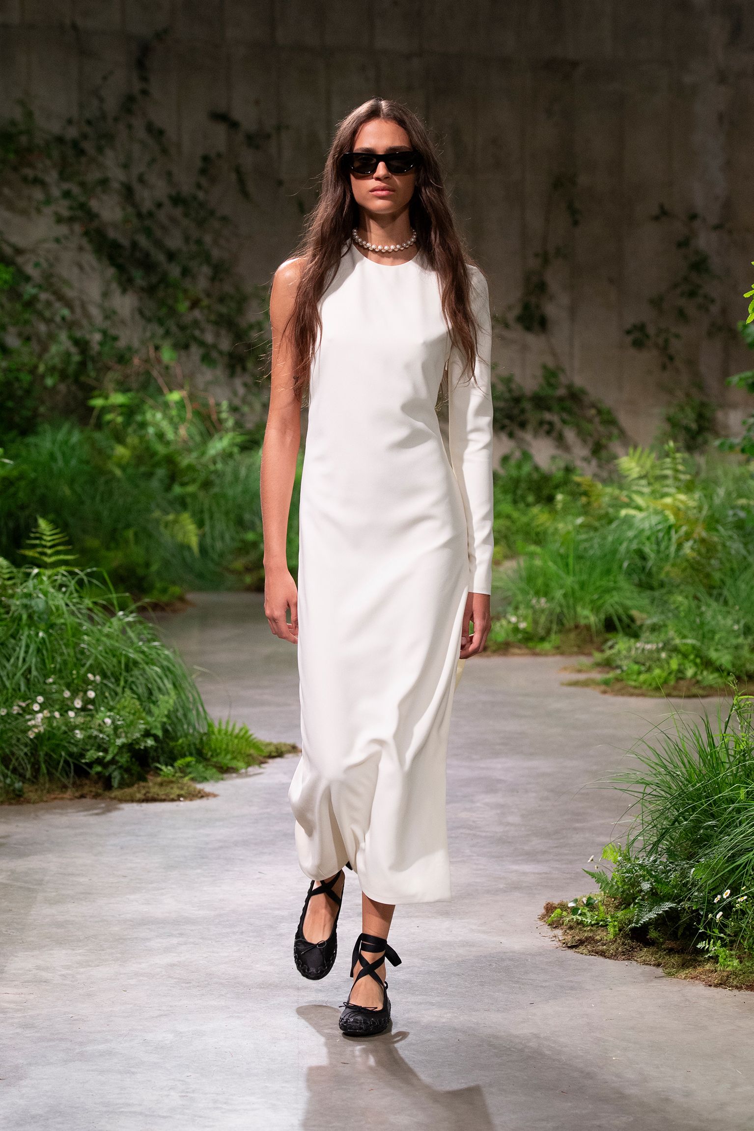white silk long-sleeve high-neck fitted midi dress